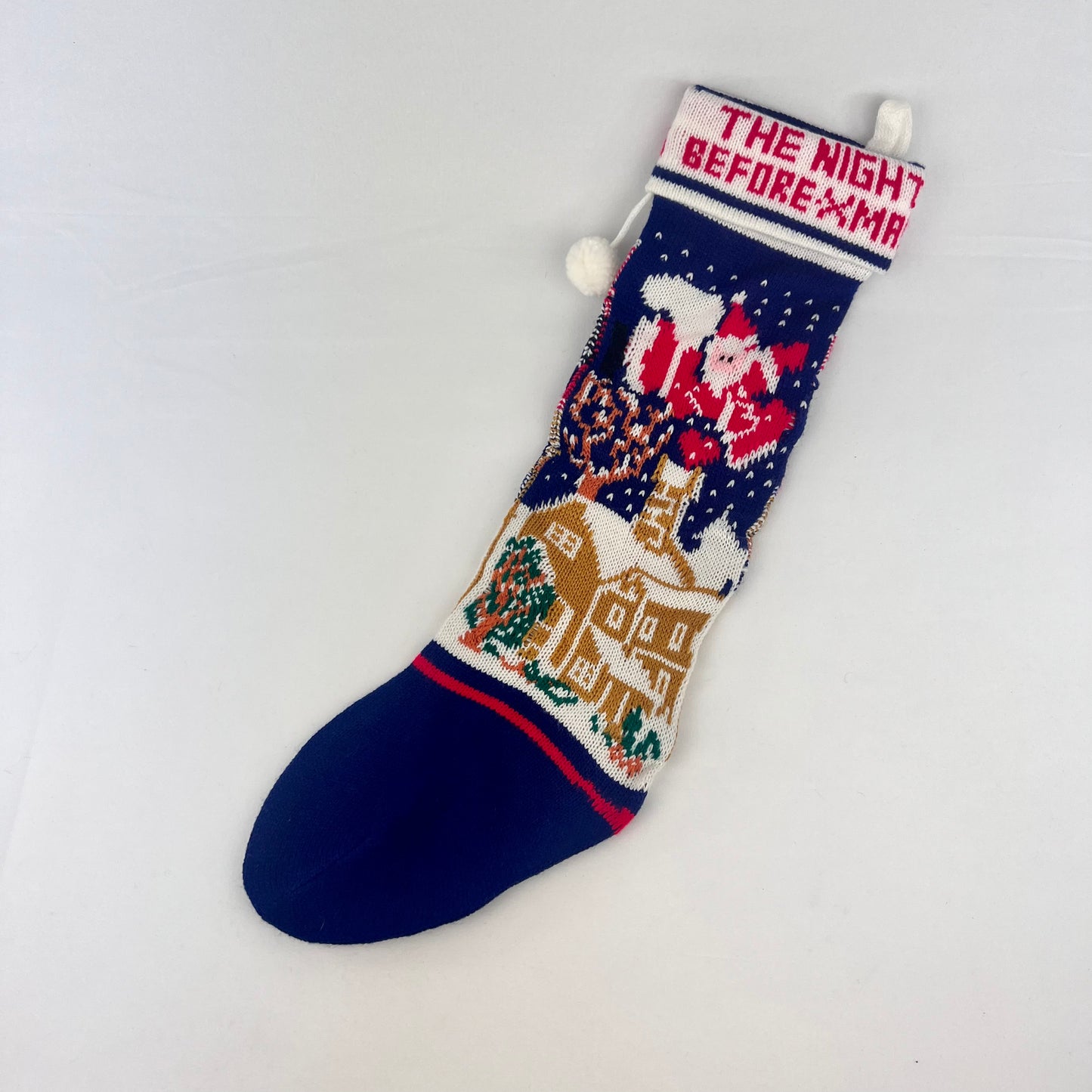 Vintage Christmas Decor - Knit Stocking - The Night Before Christmas - Navy Blue