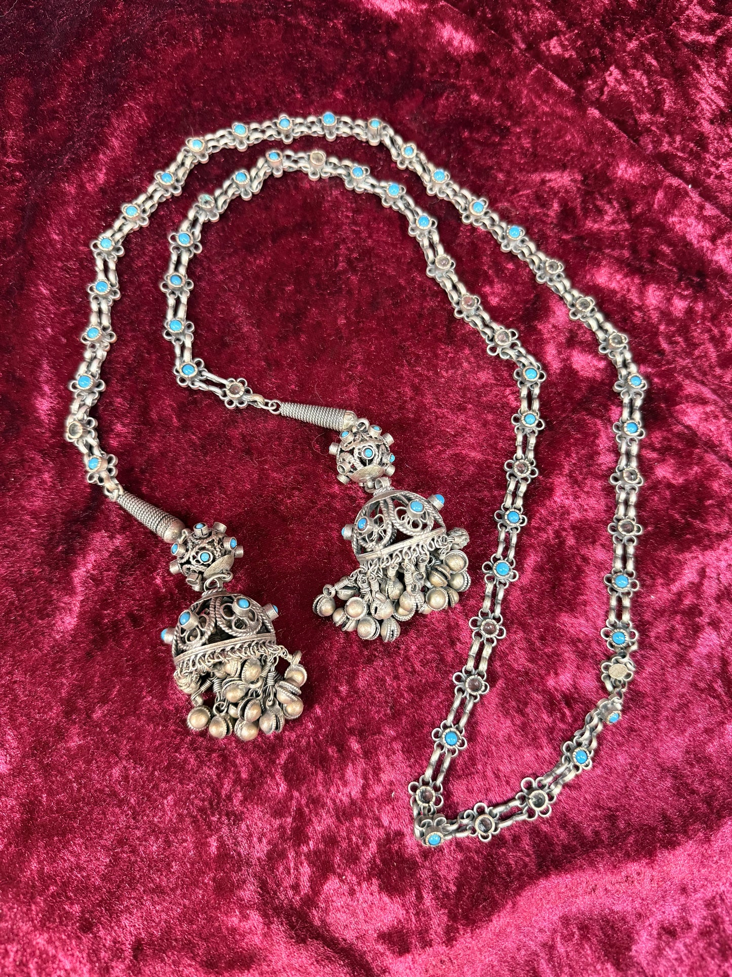 Vintage Tribal Statement Necklace – Turquoise Accent Jhumka Tassel Adornment