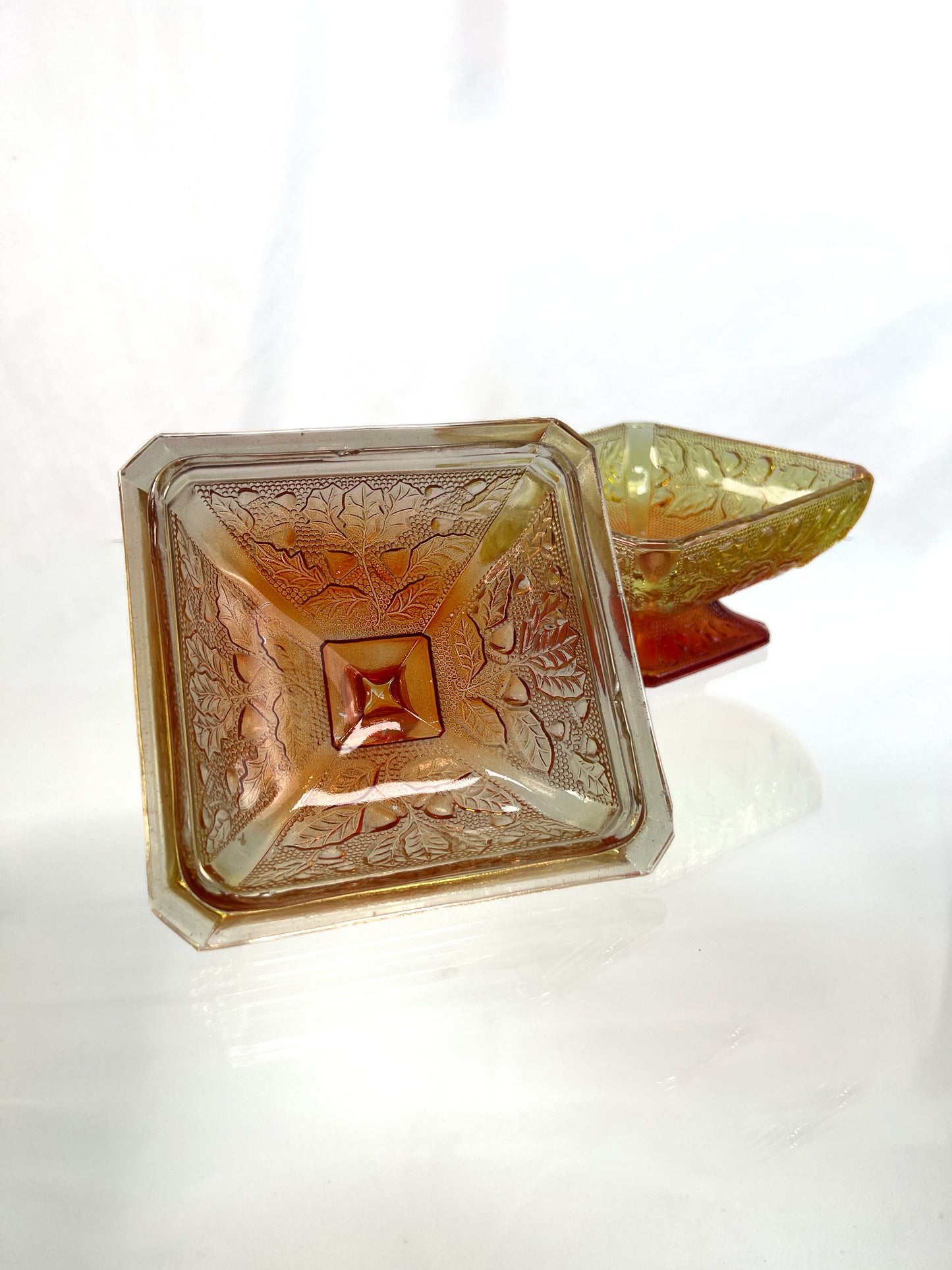 Vintage Kitchen - Lidded Candy Dish - Amberina Carnival Glass - Red / Yellow