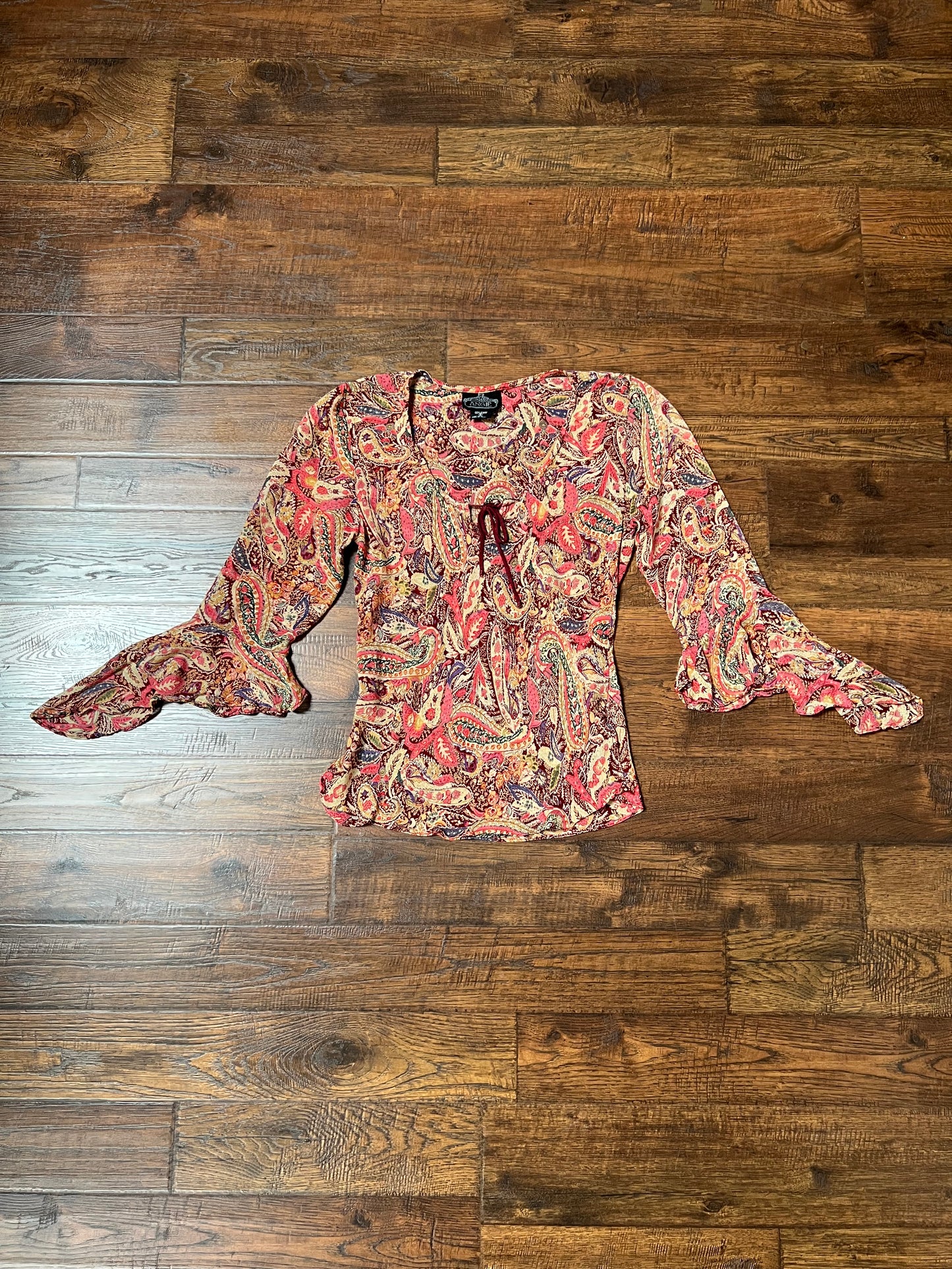 Vintage Clothing - Y2K Scoop Neck Blouse - Butterfly Sleeves - Pink Paisley Print - Small - Angie