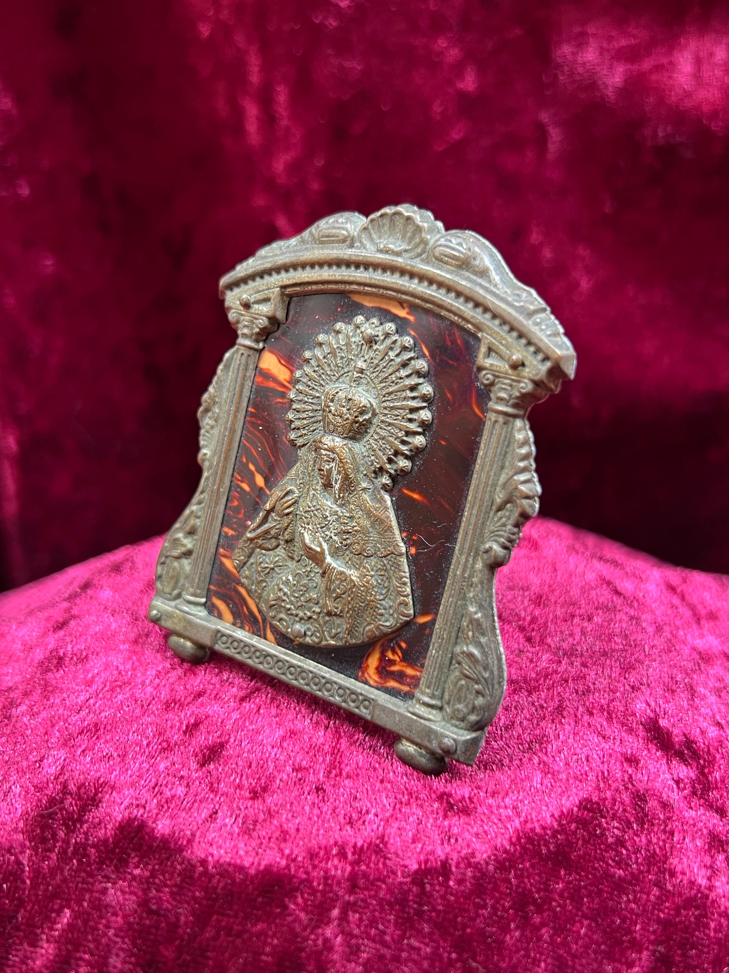 Vintage Religio - Framed Icon on Red Celluloid - Virgin Mary as Queen - 2.5" X 2"