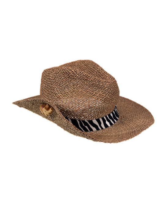 Vintage Hat - Straw Hat with Zebra Band & Elephant Pin