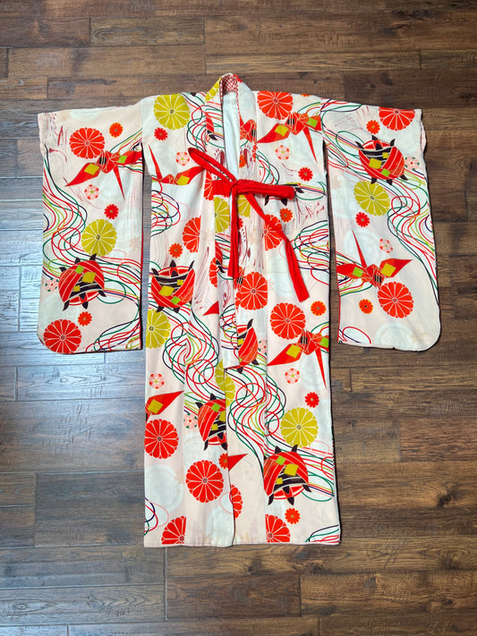 Vintage Clothing - Hand Sewn Kimono Robe - Abstract Floral Pattern - Crepe Silk - OS