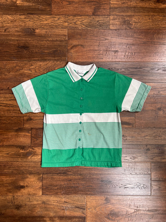 Vintage Clothing - Button Up Polo - Green and White Stripes - Carriage Court - Medium
