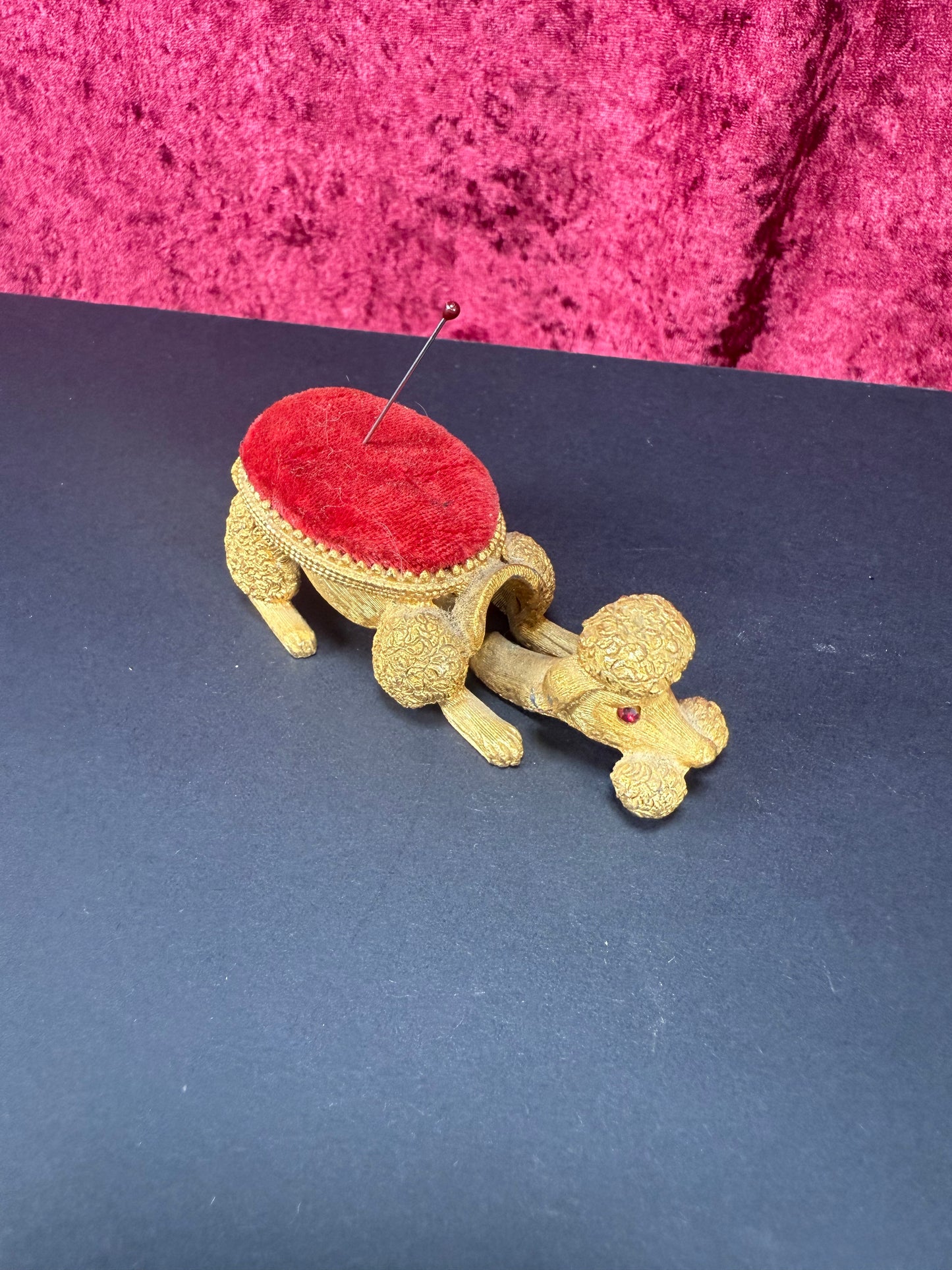 Vintage Pin Cushion - Brass Bobblehead Poodle - Florenza Italy