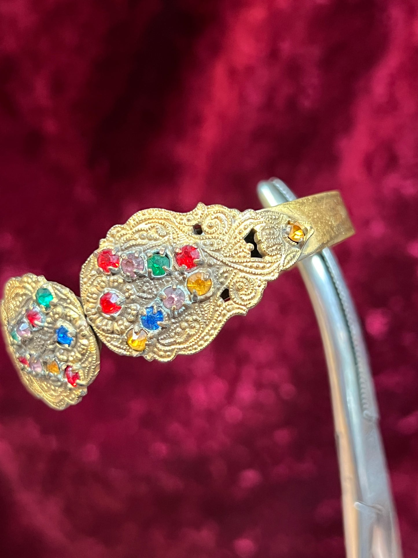 Vintage Jewelry - Hinged Bangle Bracelet - Multicolor Rhinestones in Ornate Brass Setting