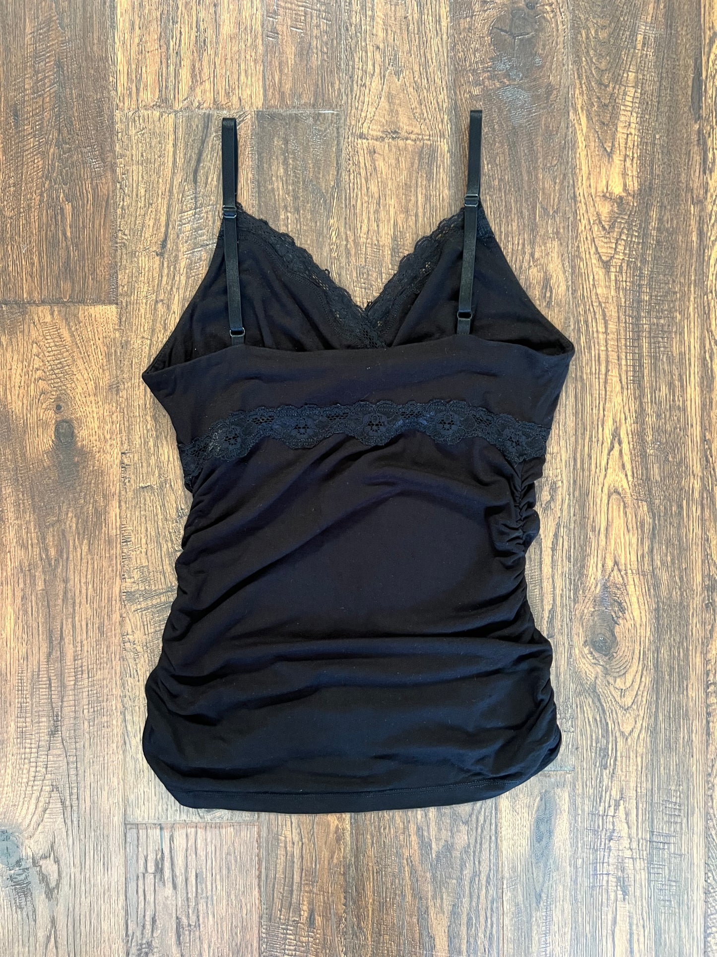 Vintage Clothing - Tank Top - Ruched Sides - Floral Lace Trim - Black - Medium - Bebe