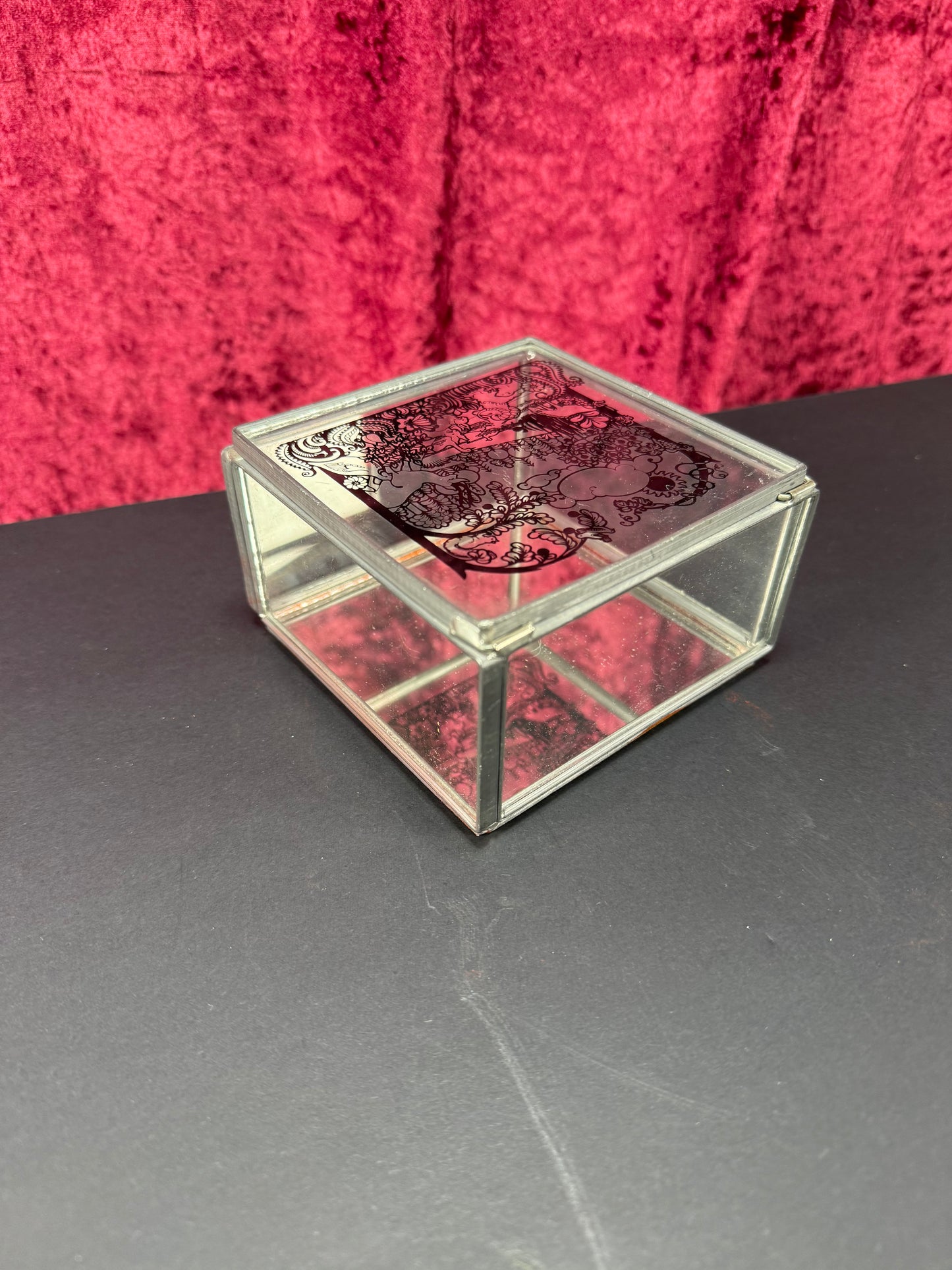 Vintage Trinket Box - Glass - Hand Painted Magical Forest Scene - Mirrored Bottom - Stained Glass Arts