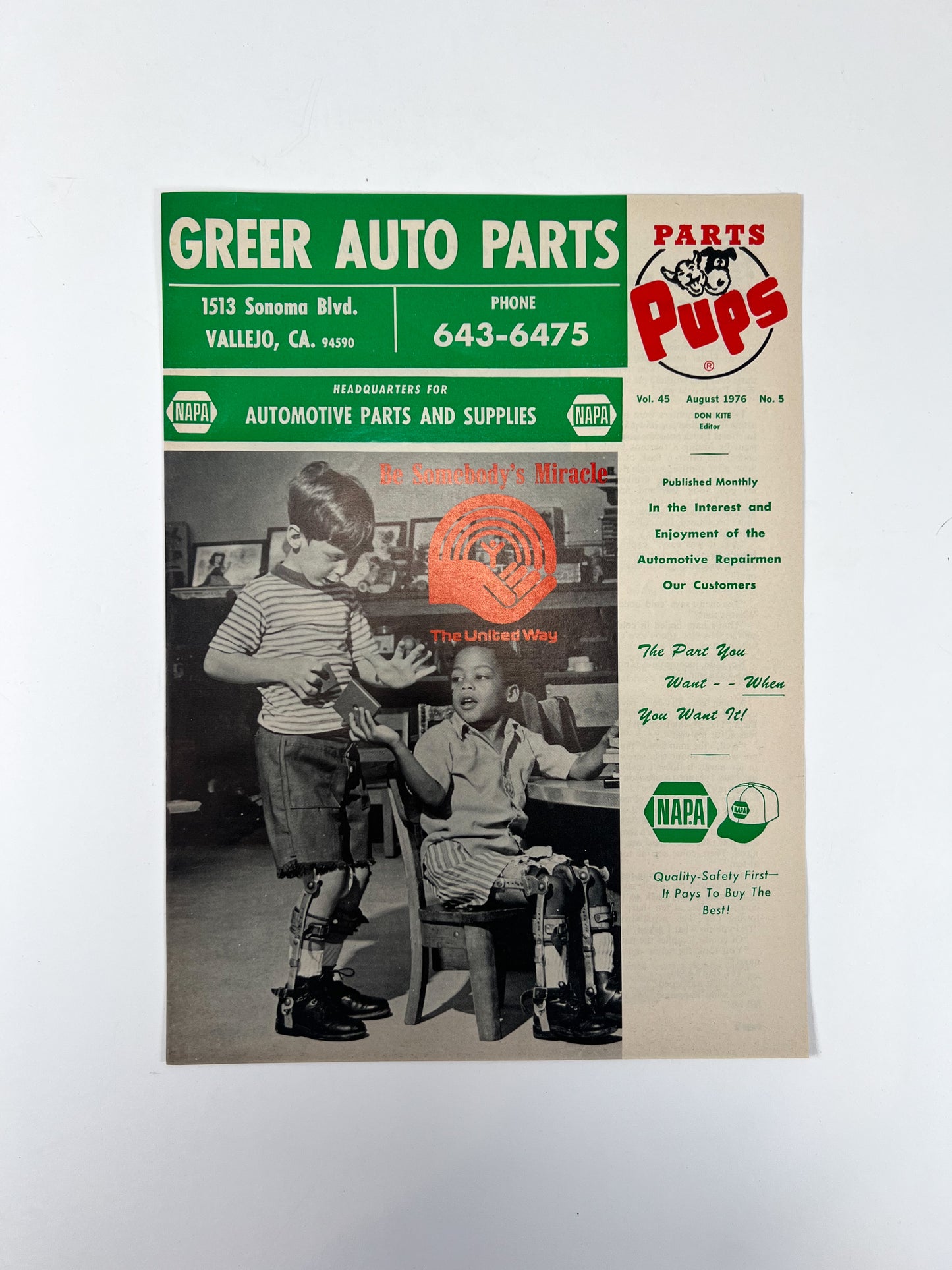 Vintage Ephemera - Magazine - Napa Parts & Pups - Greer Auto Parts - August 1976