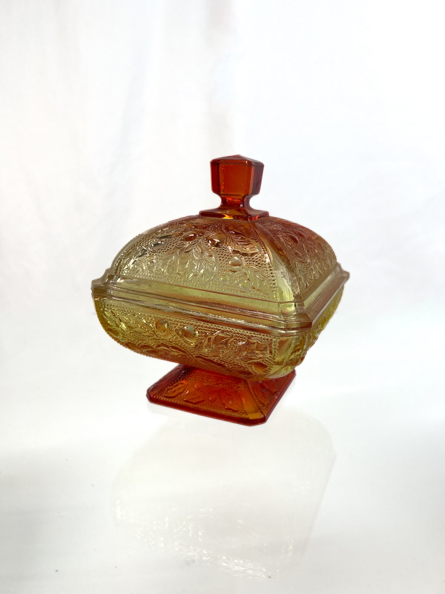 Vintage Kitchen - Lidded Candy Dish - Amberina Carnival Glass - Red / Yellow