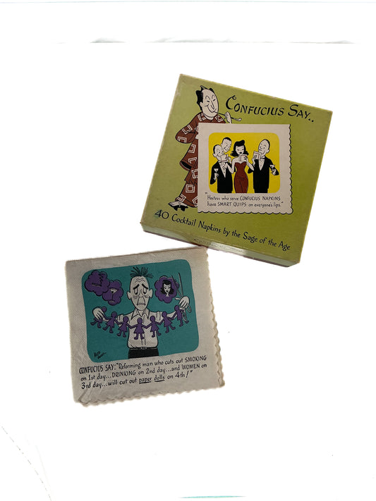Vintage Cocktail Napkins - Confucius MCM - Illustrated Funny Kitsch - 1950s