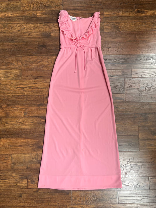 Vintage Clothing - Long V-Neck Empire Waist Dress - Ruffled Collar - Candy Pink - Editions - Small
