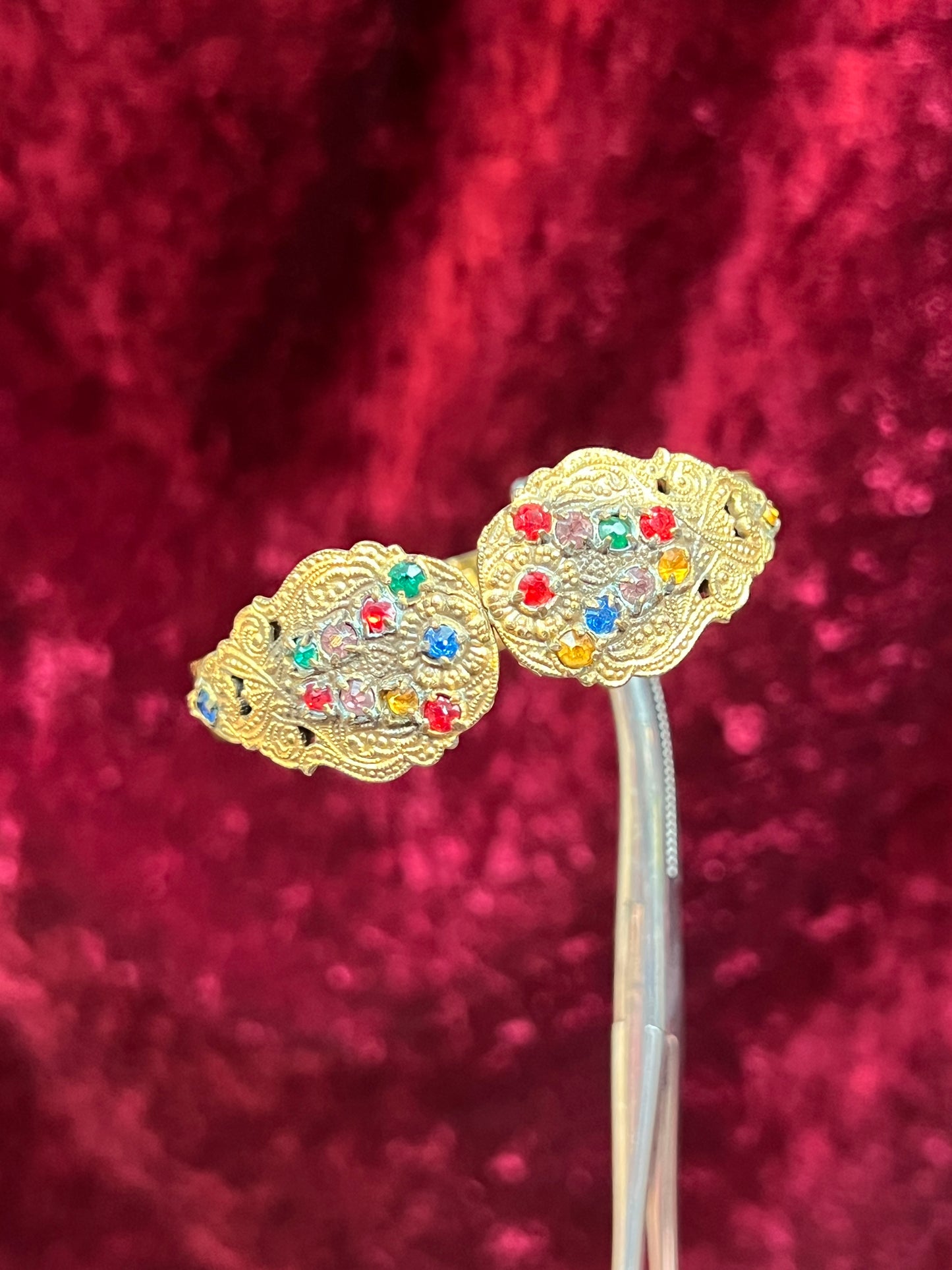 Vintage Jewelry - Hinged Bangle Bracelet - Multicolor Rhinestones in Ornate Brass Setting