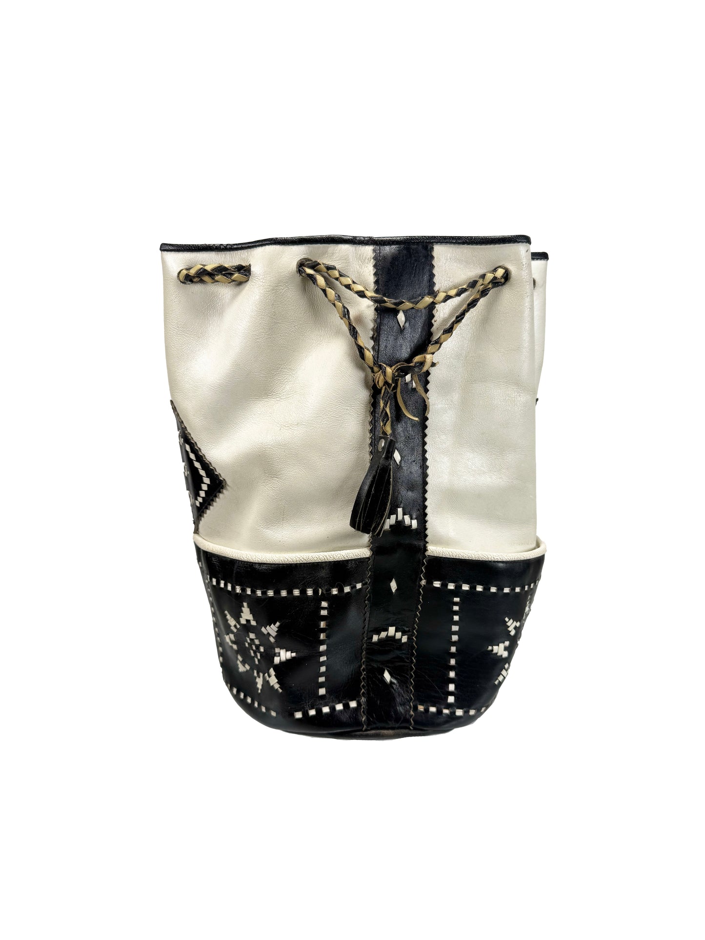 Vintage Purse - Black and White Leather Bucket Bag - Large
