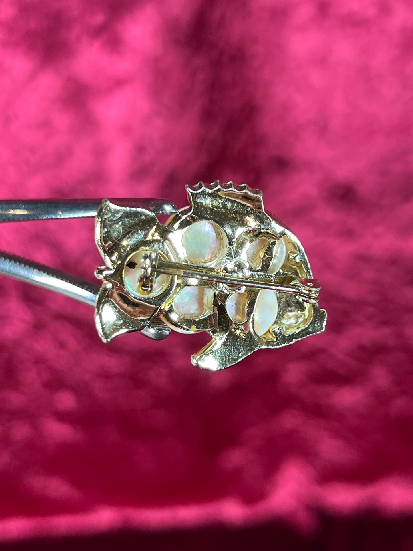 Vintage Jewelry - Brooch - Gold Tone Fish - Green Rhinestone Eye - Mother of Pearl Scales