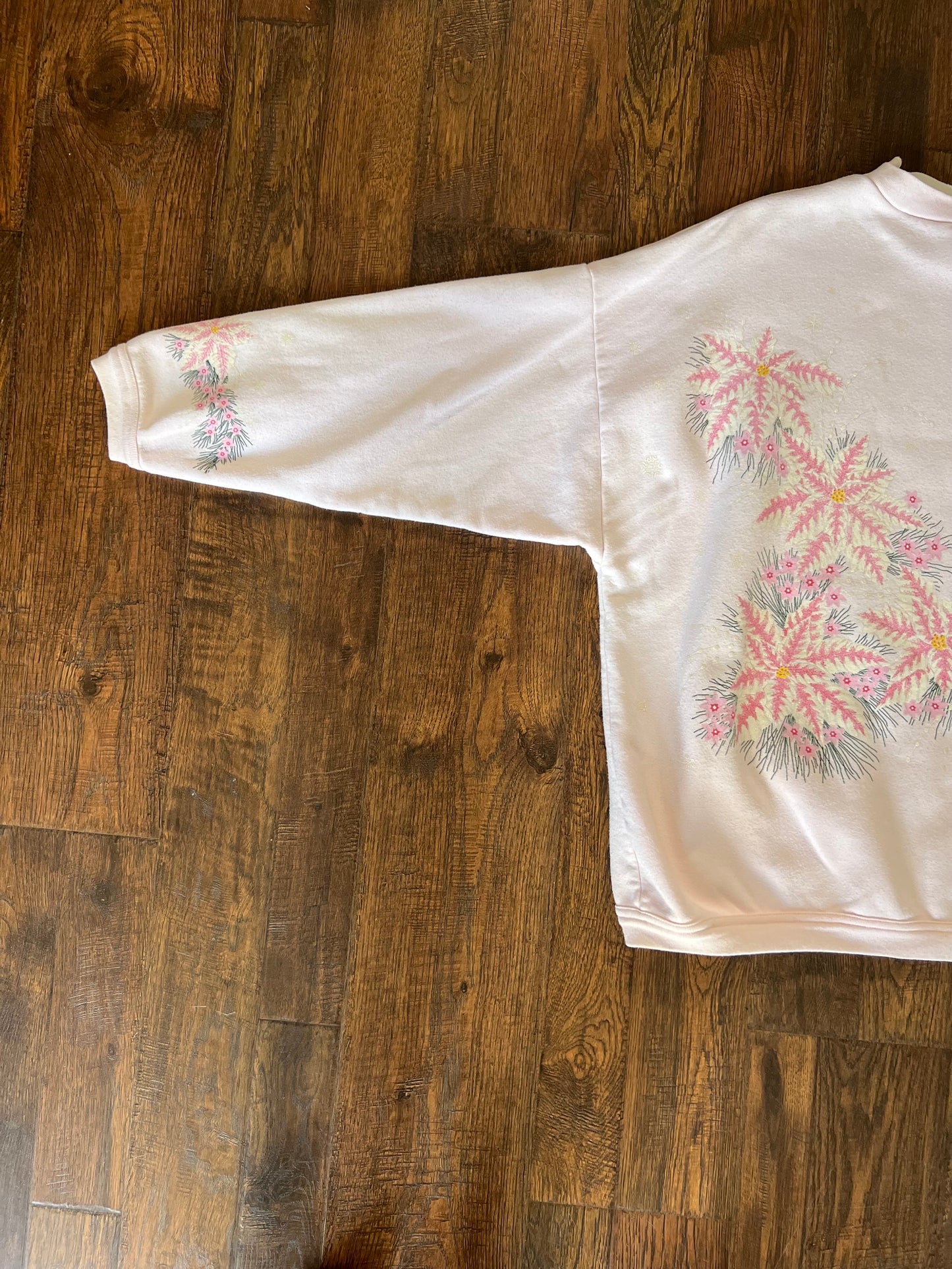 Vintage Clothing - Screen Printed Crewneck Sweatshirt- Pink Flowers & Glitter Snowflakes - Artisans - XL