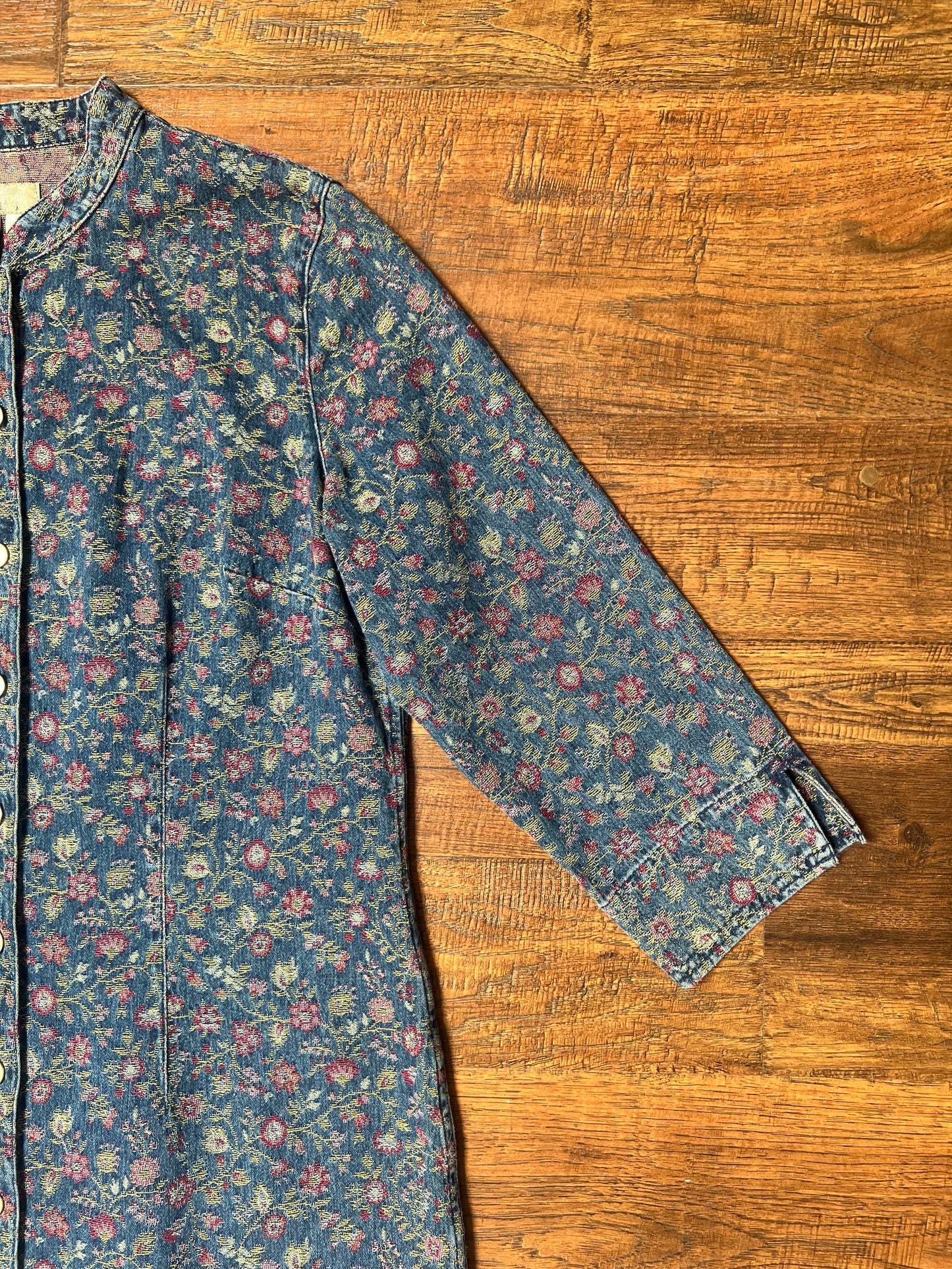 Vintage Clothing - Jacket - Blue Floral Denim Button Up Jacquard Long Shirt Dress - The Territory Ahead - Size 12
