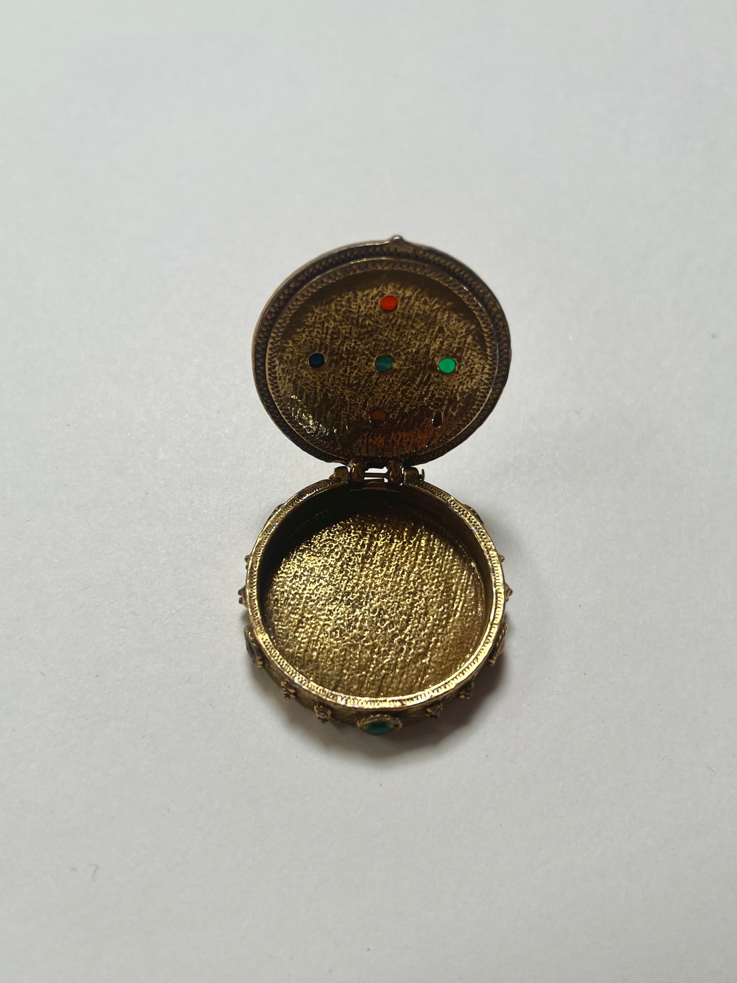 Vintage Trinket Box - Brass Pill Box - Round - Multicolor Gem Stones