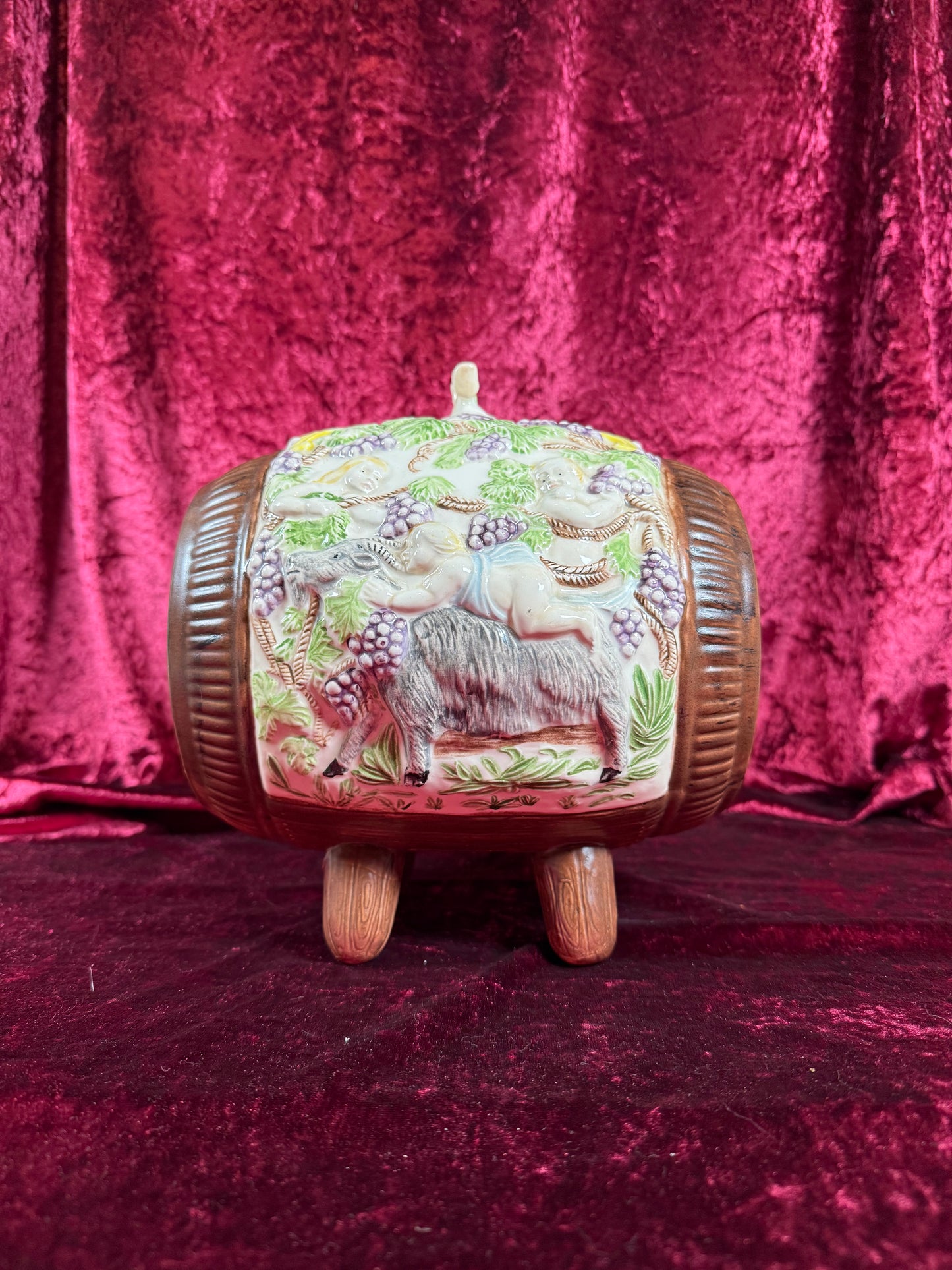 Vintage Pottery - Mid Century Wine Barrel Keg Decanter - Putti, Bacchus, Goat Relief