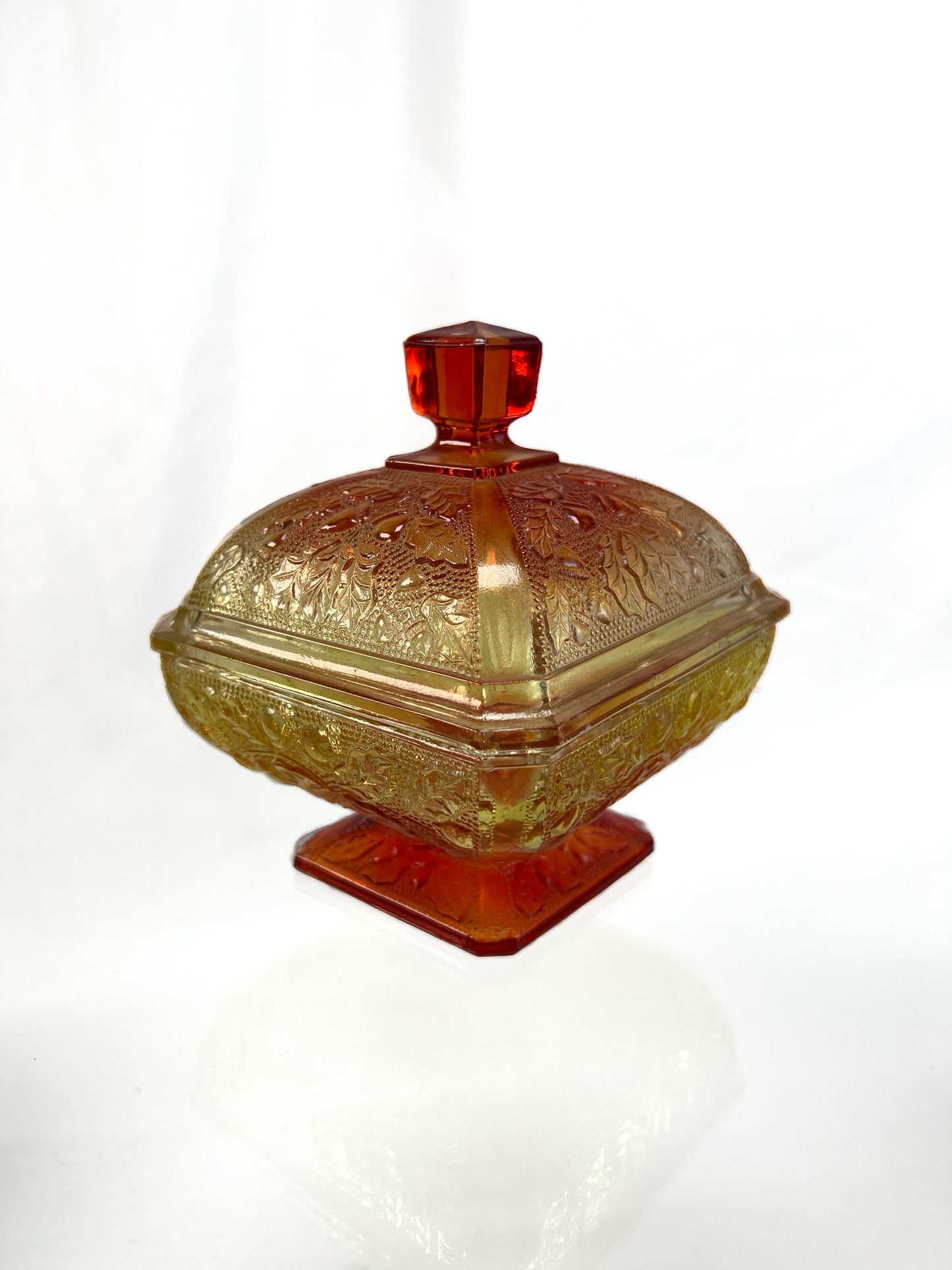Vintage Kitchen - Lidded Candy Dish - Amberina Carnival Glass - Red / Yellow