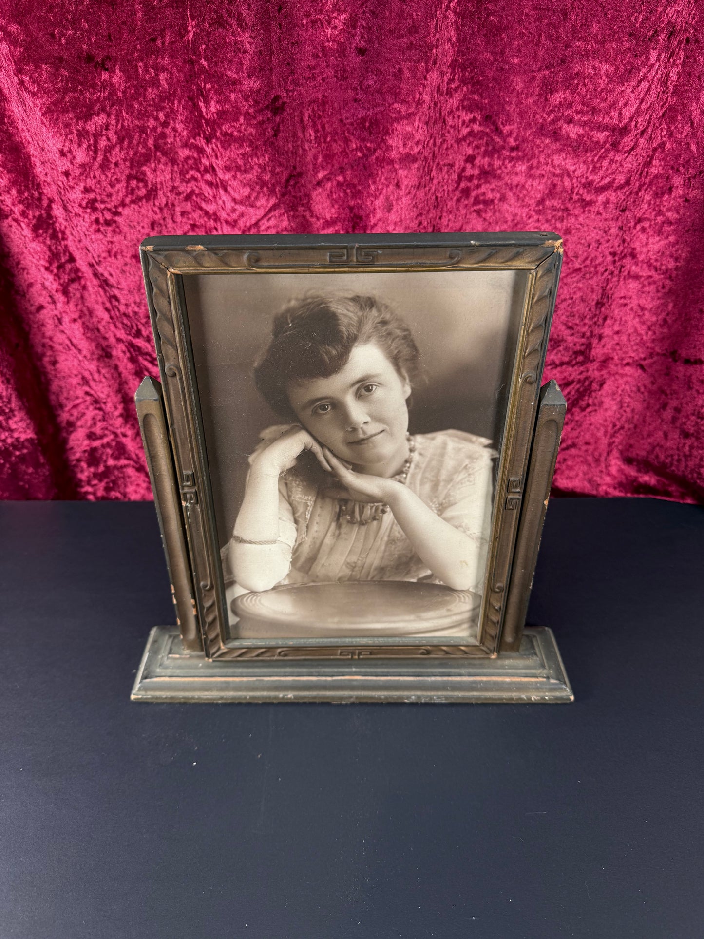 Antique Home Decor - Art Deco Tabletop Tilting Picture Frame - Black & White Photo of A Lady