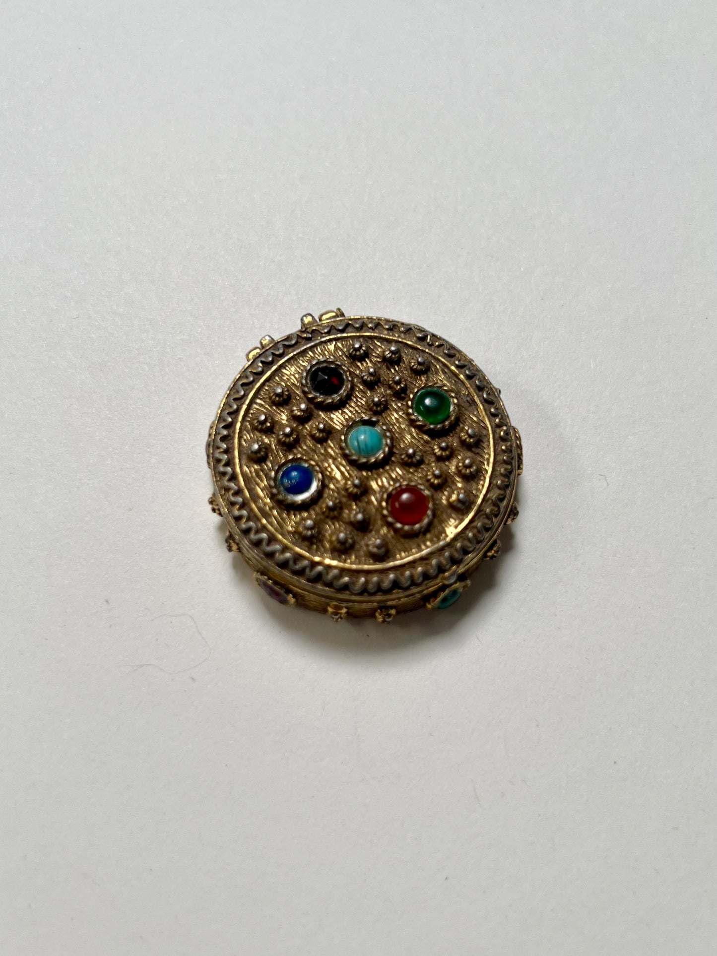 Vintage Trinket Box - Brass Pill Box - Round - Multicolor Gem Stones