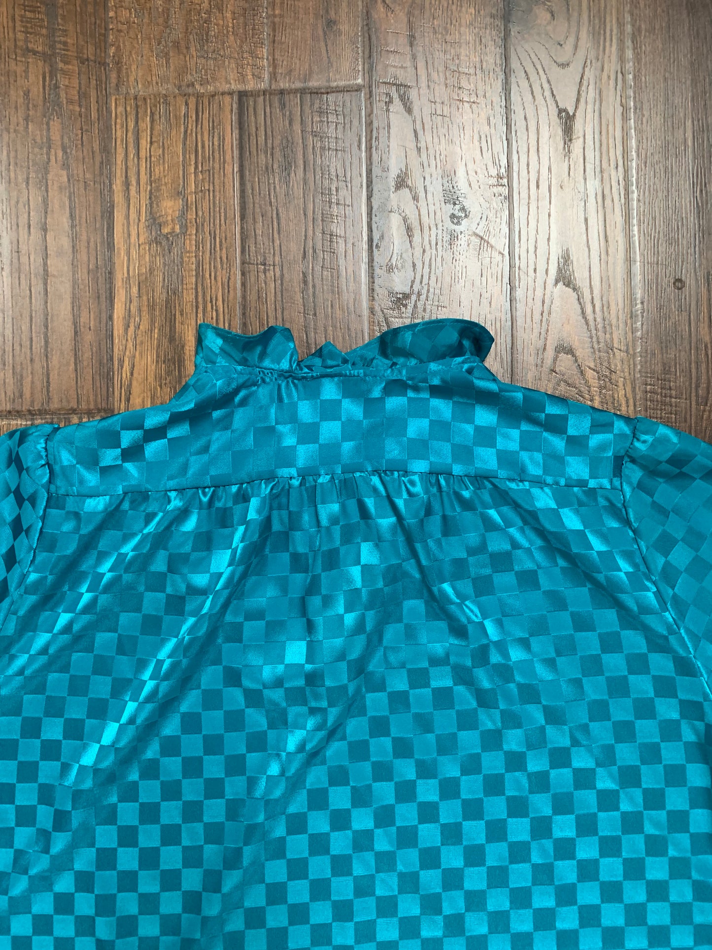 Vintage Clothing - Tie Front Blouse - Checkered Teal - Allison Hill - X-Large