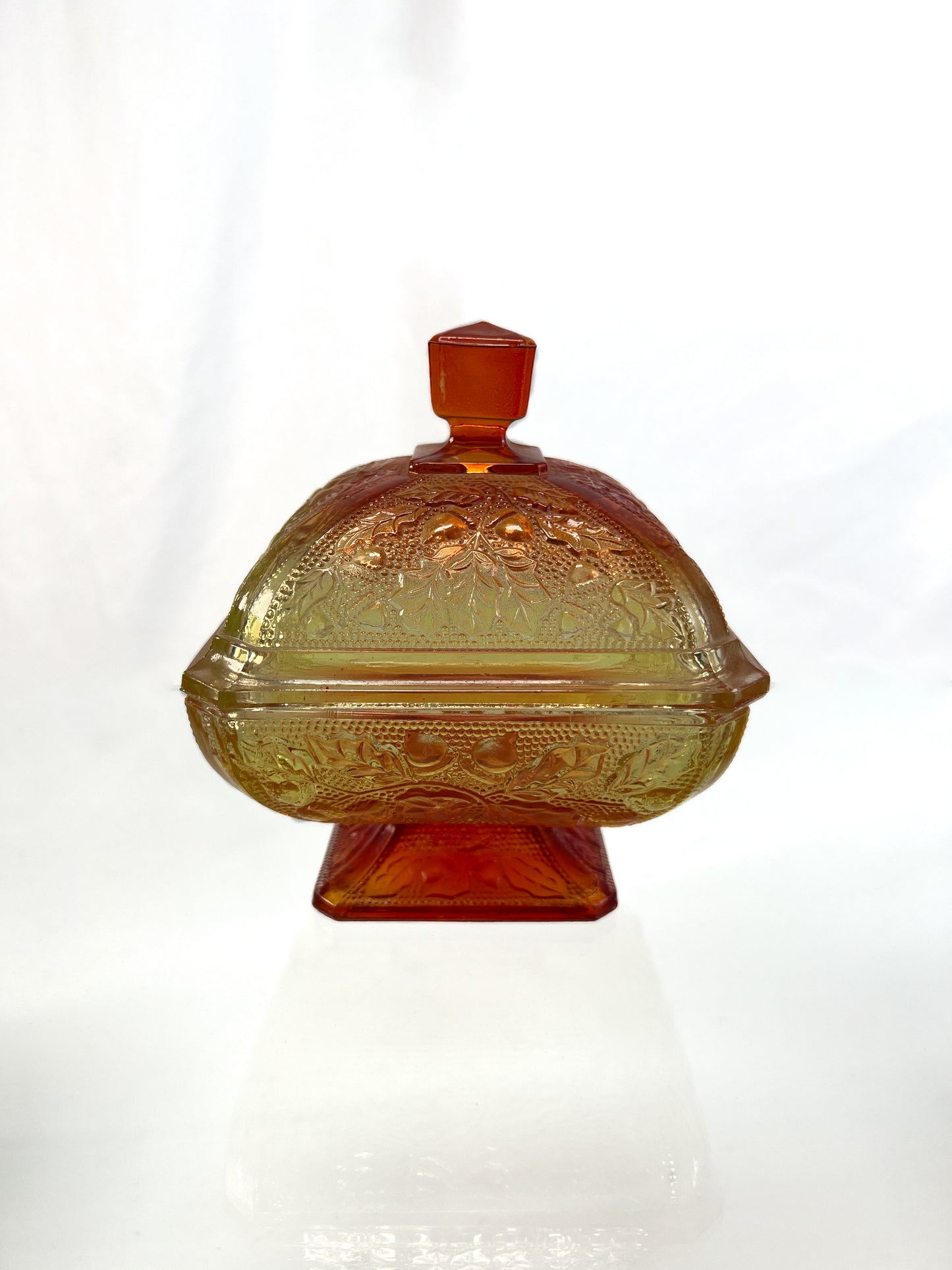 Vintage Kitchen - Lidded Candy Dish - Amberina Carnival Glass - Red / Yellow