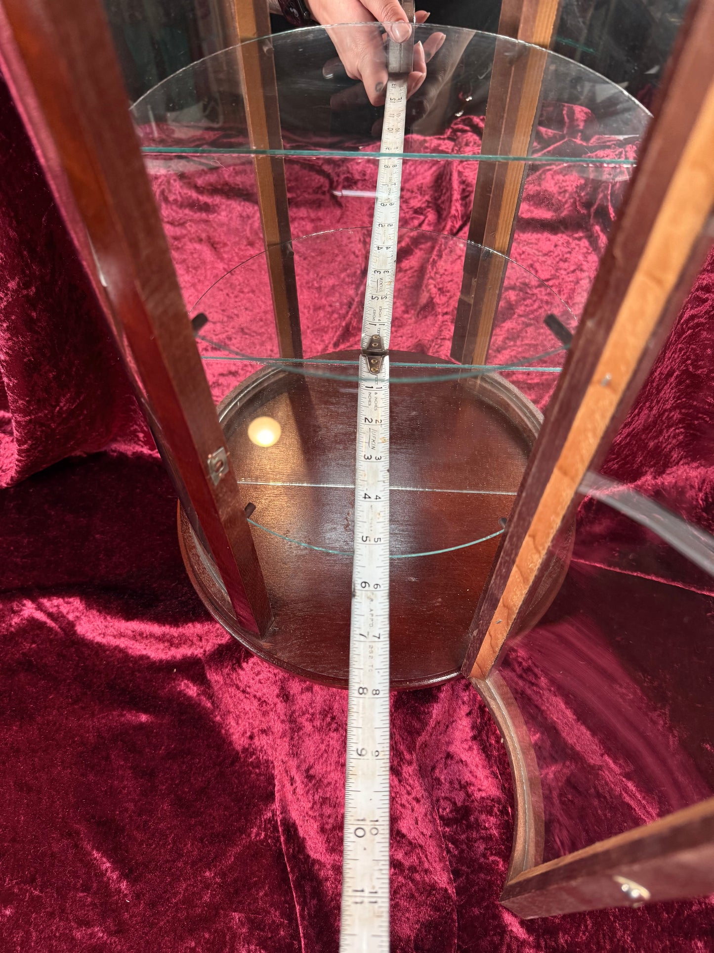 Vintage Curio Cabinet - Table Top Wood Curved Glass Cabinet - Mirrored Back - Glass Shelves - 20" Tall