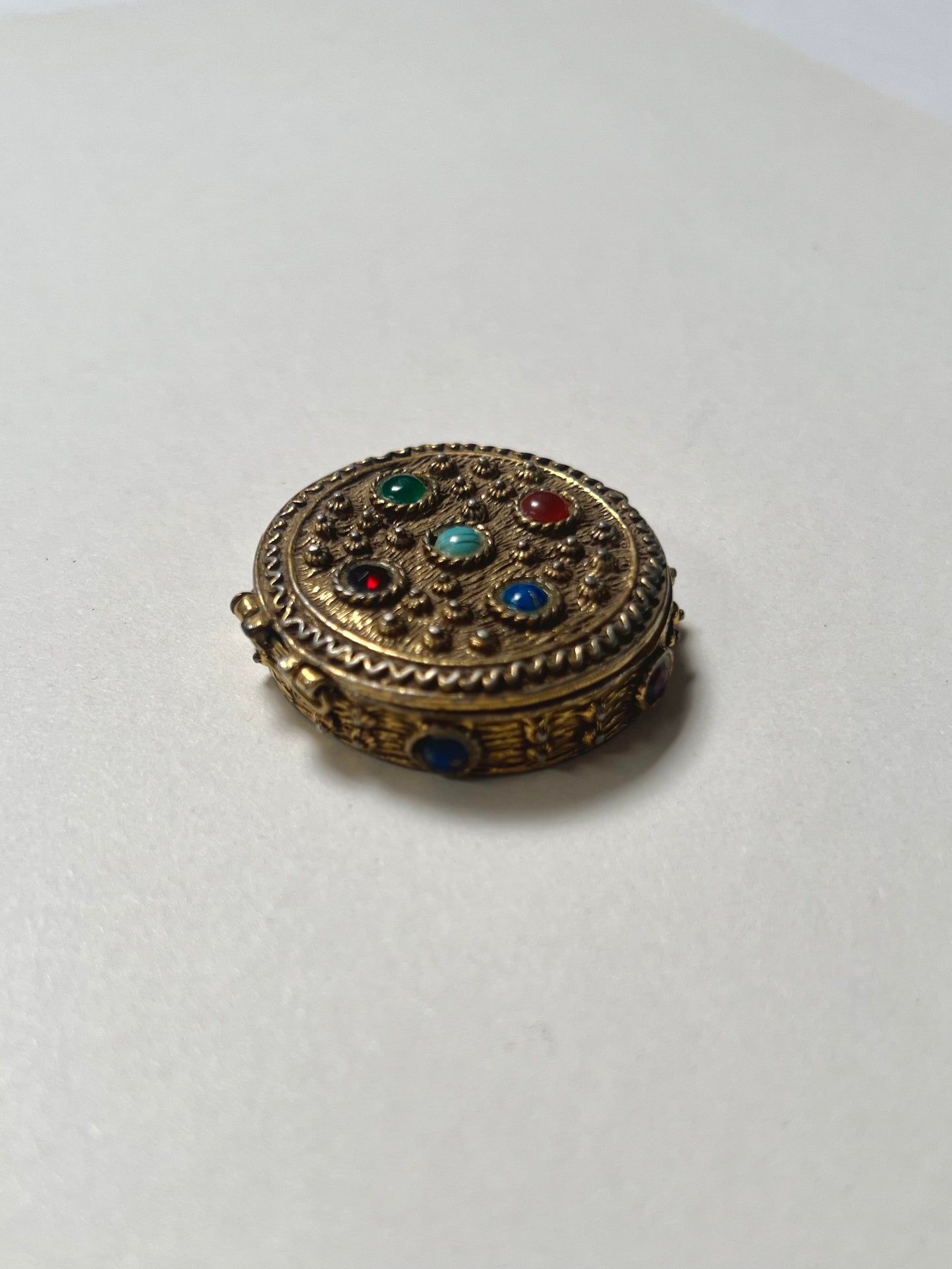 Vintage Trinket Box - Brass Pill Box - Round - Multicolor Gem Stones