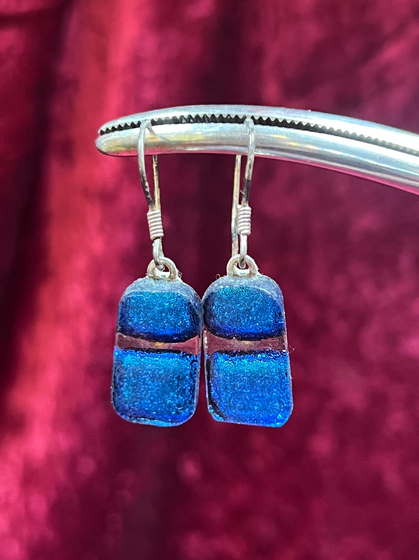 Vintage Jewelry - Drop Earrings - Blue and Black Glass Art Tiles