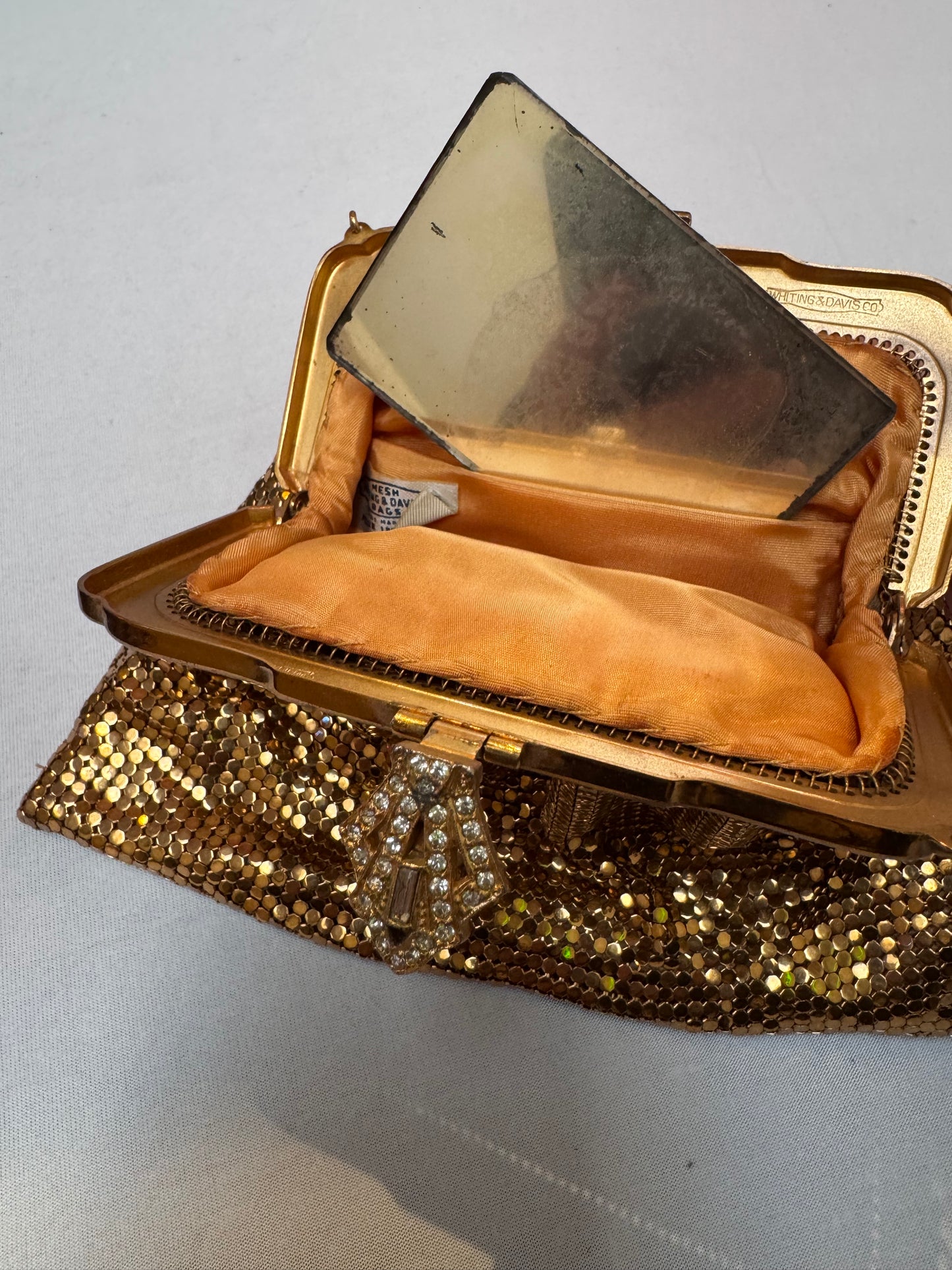 Vintage Purse - Whiting & Davis Co. - Gold Metal Mesh Purse Art Deco Style Rhinestone Closure