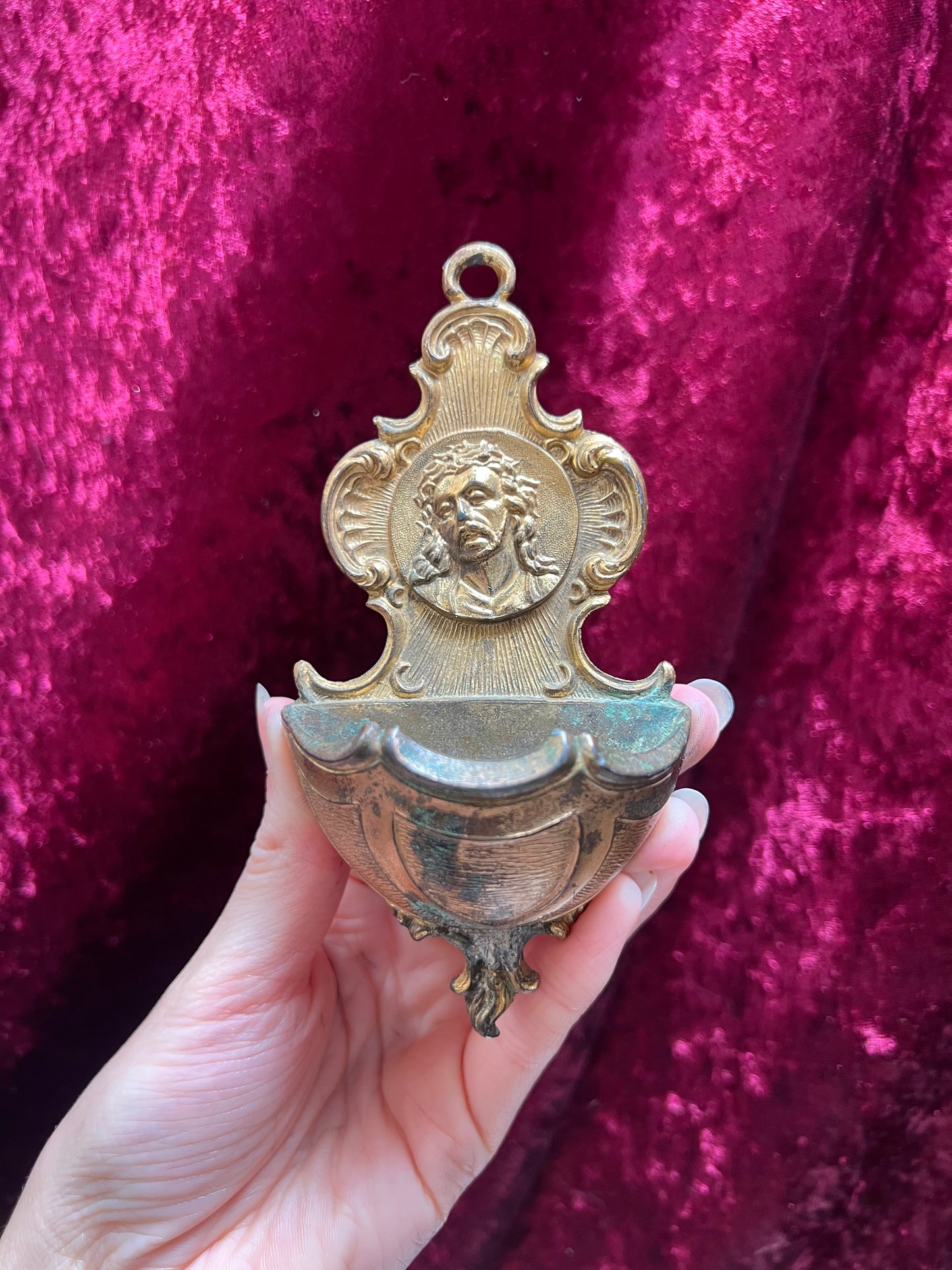 Vintage Religo - Holy Water Font - Jesus Christ in Thorned Crown - Brass