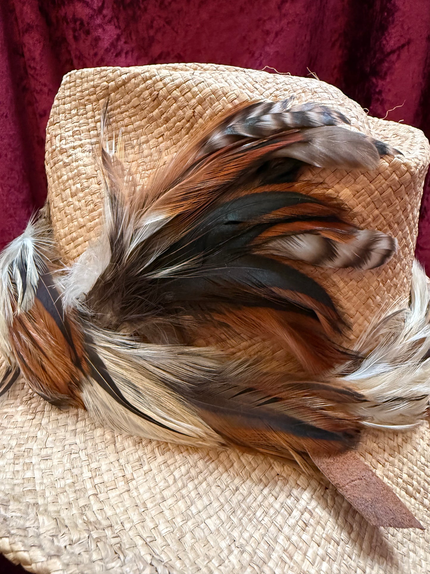 Vintage Accessories - Straw Cowboy Hat with Feathers - Shady Brady Unisex Large