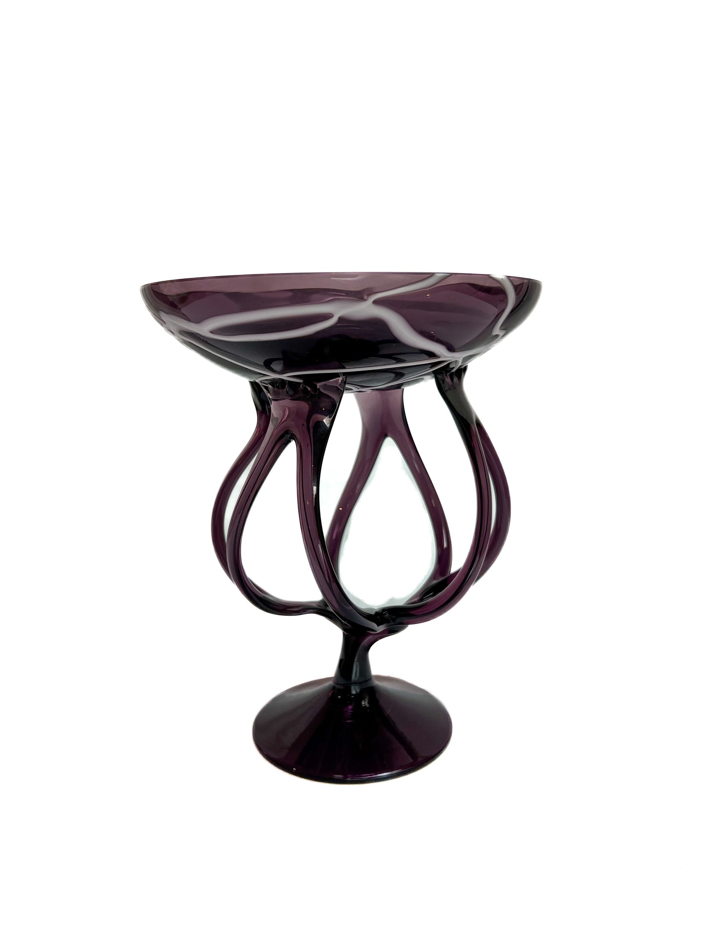 Vintage Art Glass - Jellyfish Pedestal Bowl - Amethyst and White - Makora - Made In Poland