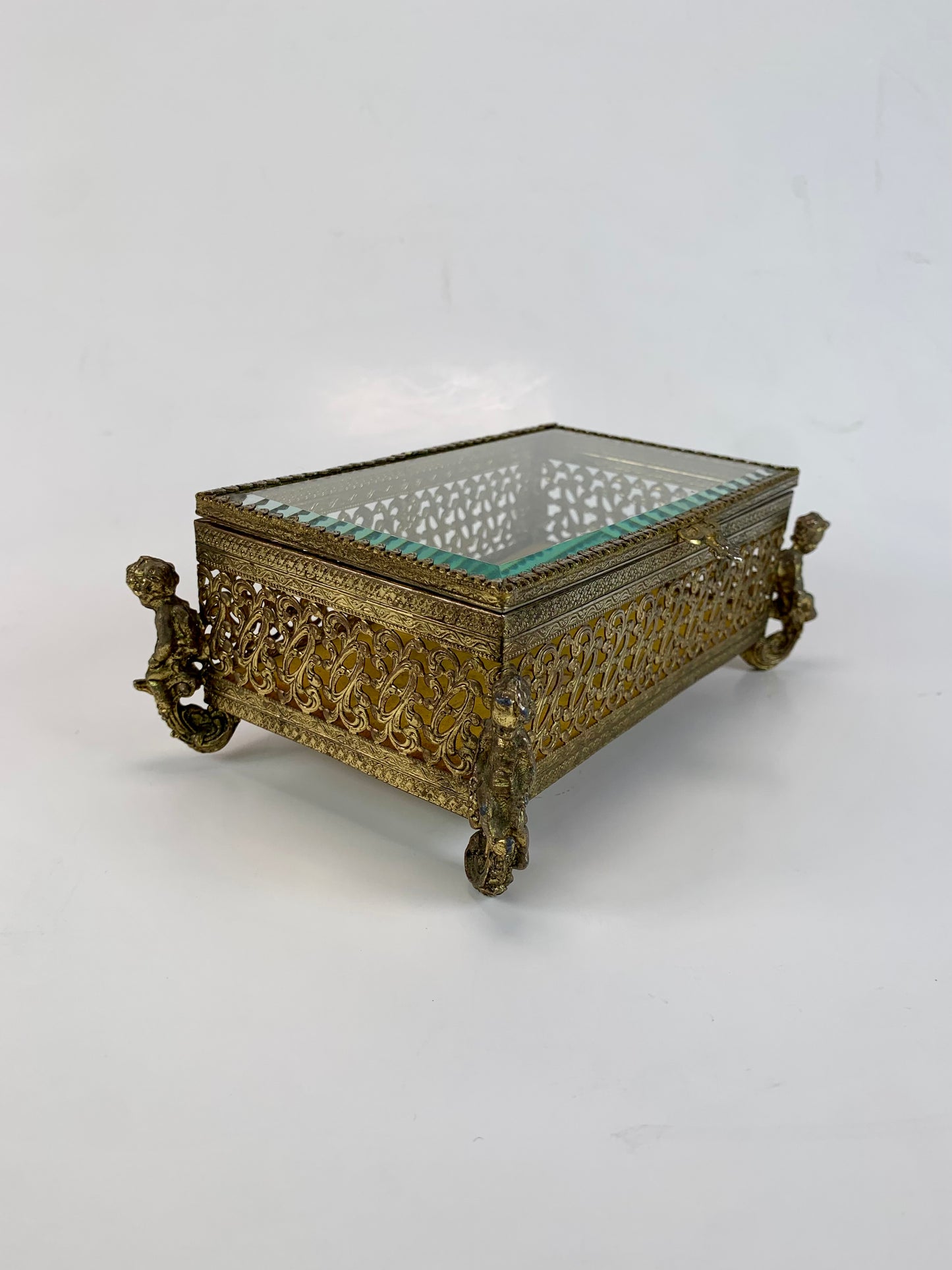 Vintage Jewelry Casket - Ormolu Felt Lined Box with Beveled Glass - Cherub Feet