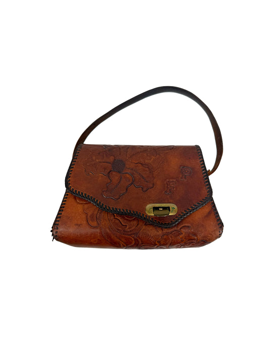 Vintage Purse - Tooled Floral Leather with Stitching - 1970s Hippie Style