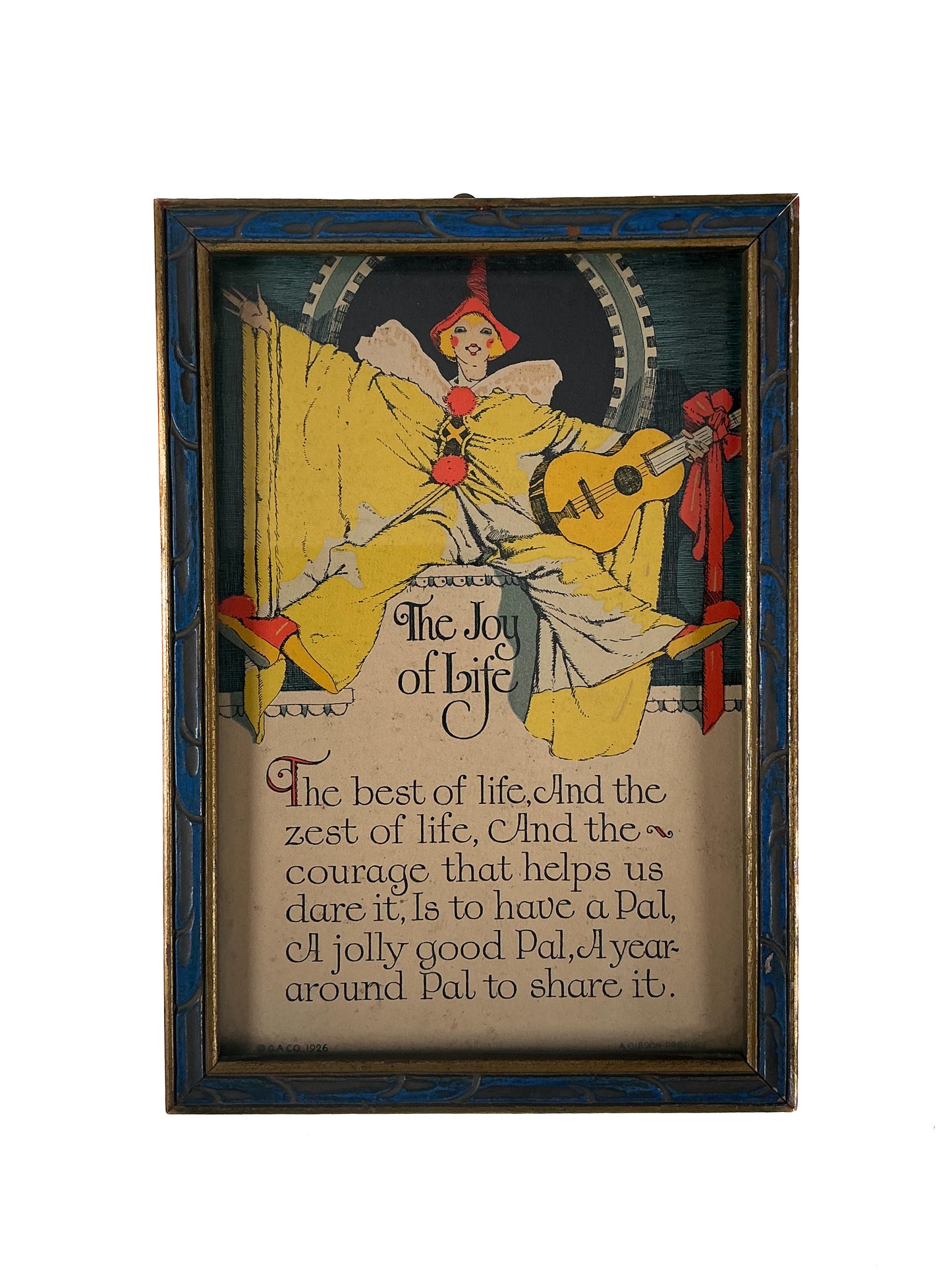 Antique Wall Art - Art Deco Framed Print - The Joy of Life Poem - Pierrot - G.A. Co. - 1926