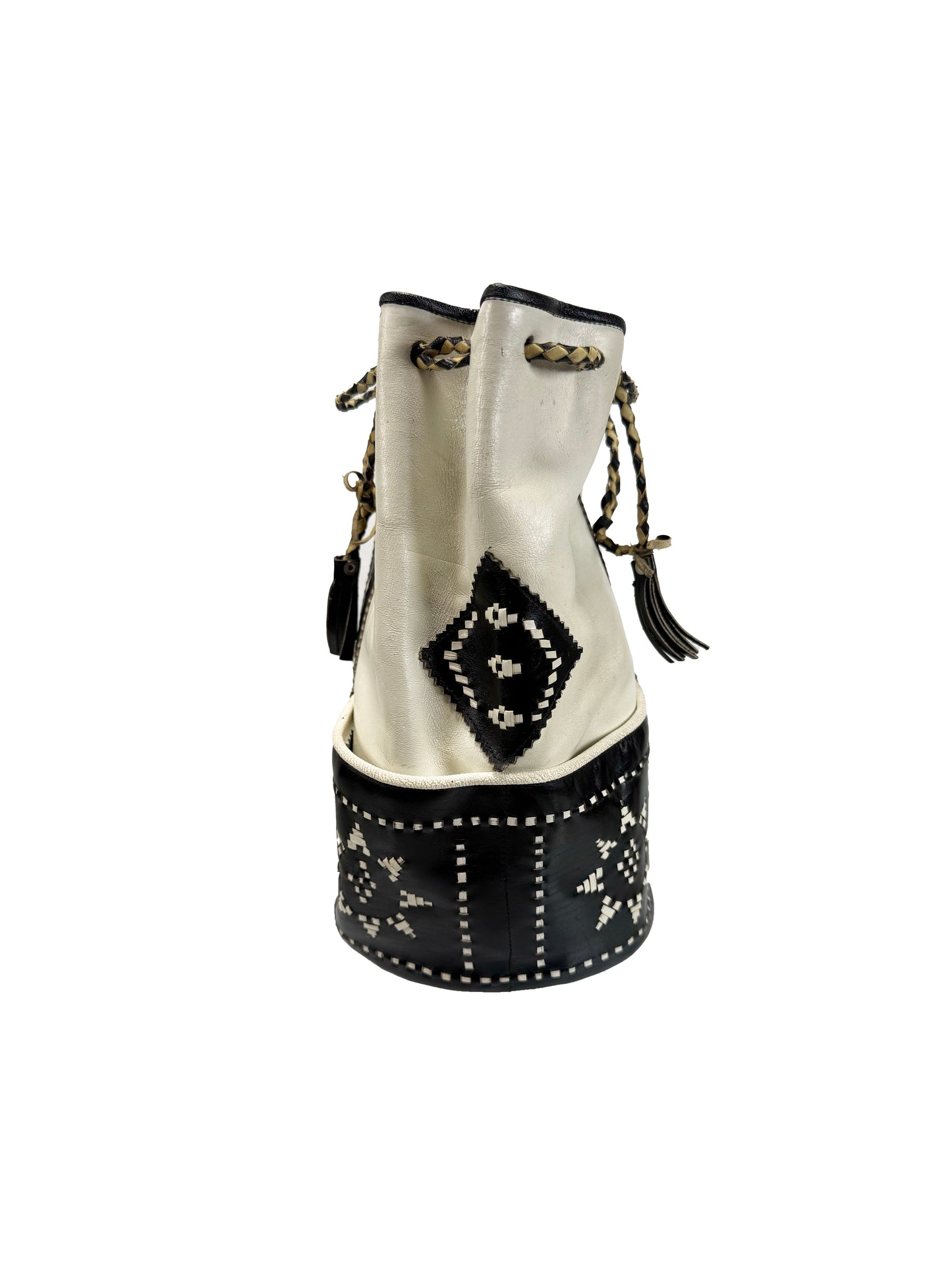Vintage Purse - Black and White Leather Bucket Bag - Large