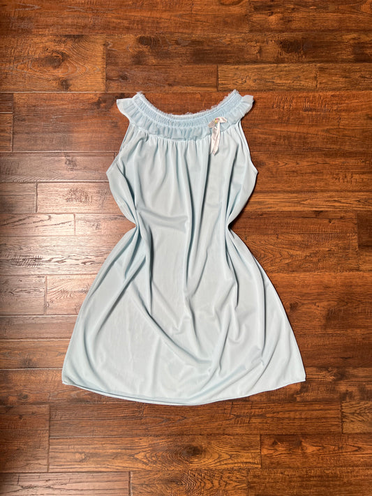 Vintage Clothing - Shift Nightgown - Baby Blue - Ruffled Collar - Rosette Bow - Large