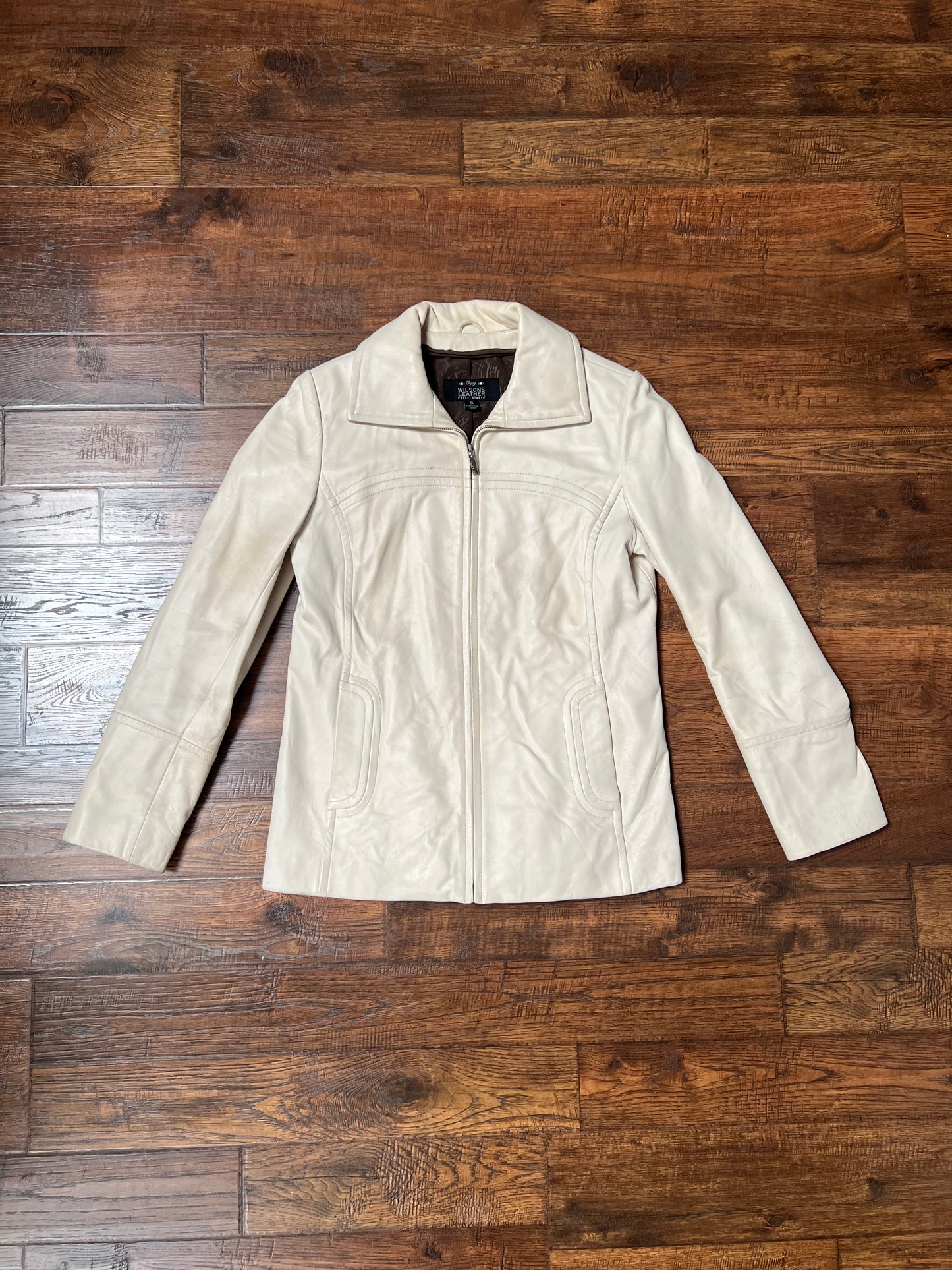 Vintage Clothing - Genuine Leather Racer Jacket - Cream White - Brown Lining - Small - Wilsons Leather Pelle Studio