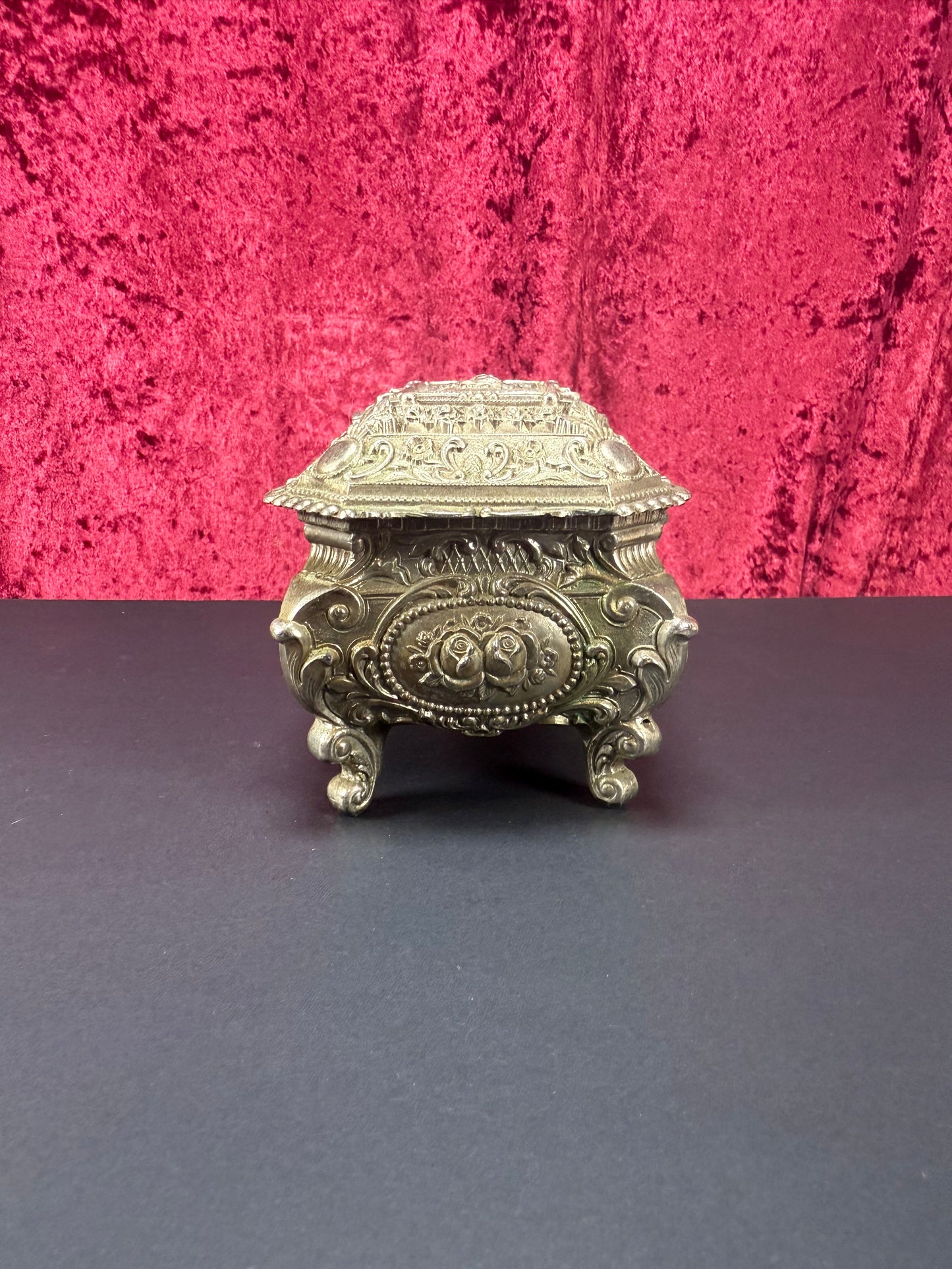 Vintage Vanity - Jewelry Box - Ornate Silver Floral Filigree - Red Velvet Lining - Footed
