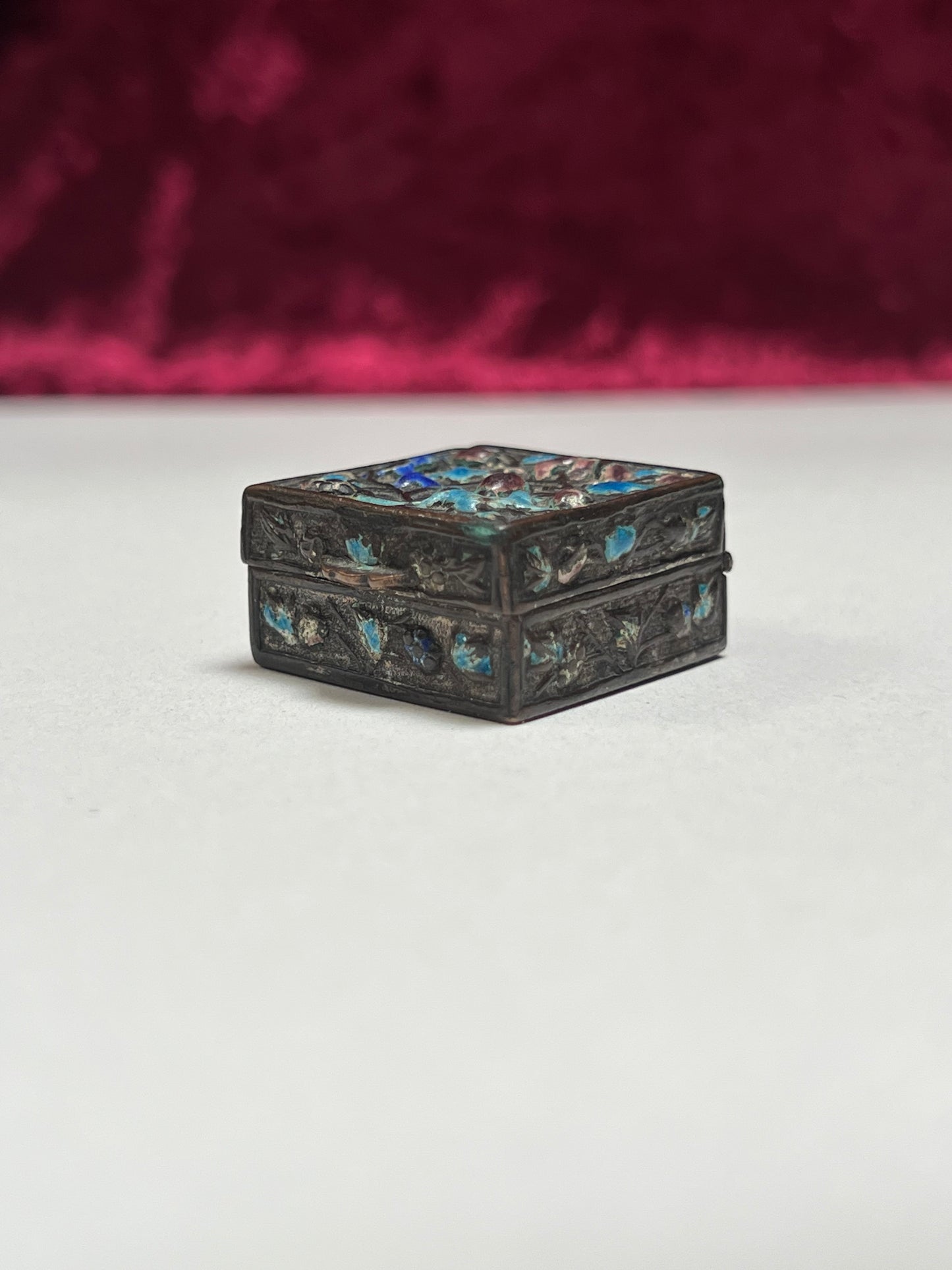 Vintage Trinket Box - Copper Cloisonne Enamel Pill Box - Animal & Floral Design - Made in China
