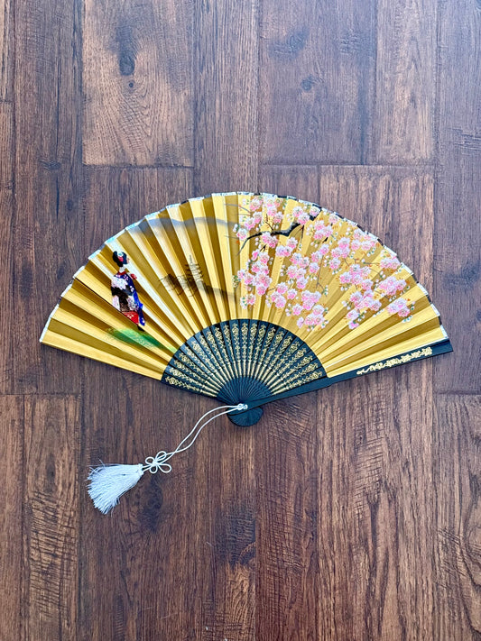 Vintage Paper Fan - Gold Paper Japanese Sakura Blossoms with Geisha