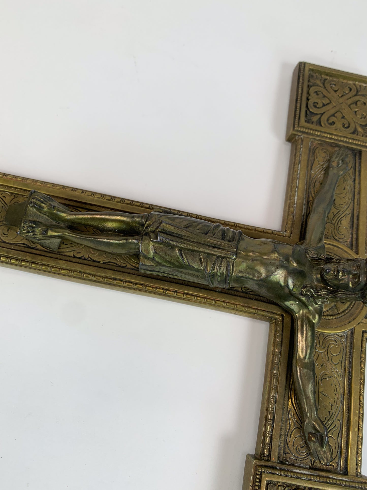Antique Solid Brass Pectoral Crucifix - Ornate Relief Jesus Statue