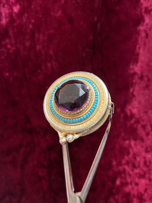 Vintage Trinket Box - Hinged Brass Pill Box - Round - Large Purple Faceted Stone - Turquoise Beads - Forenza
