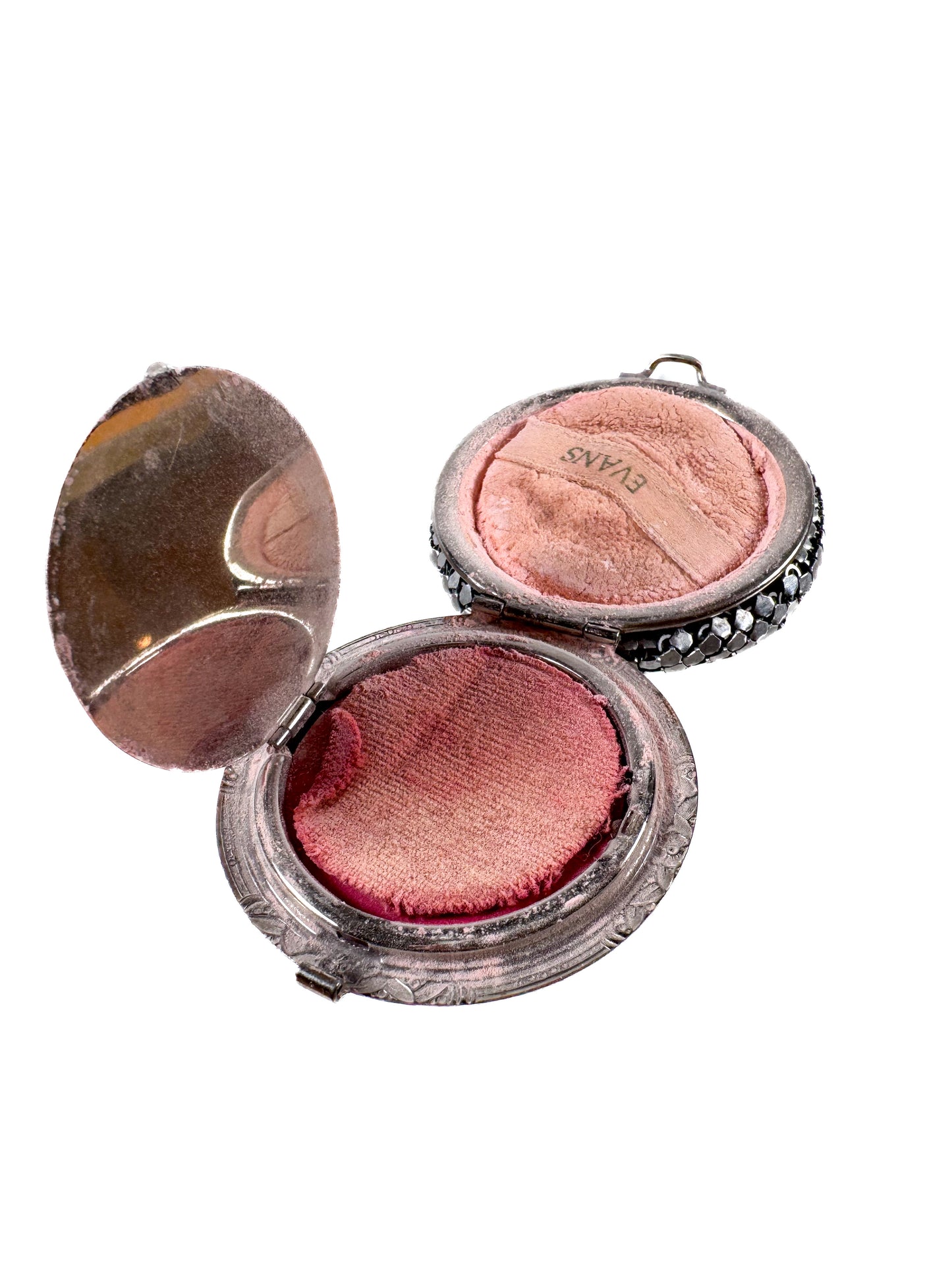Vintage Makeup - Evan's Metal Mesh Powder & Blush Compact - 2 Compartment Floral Motif