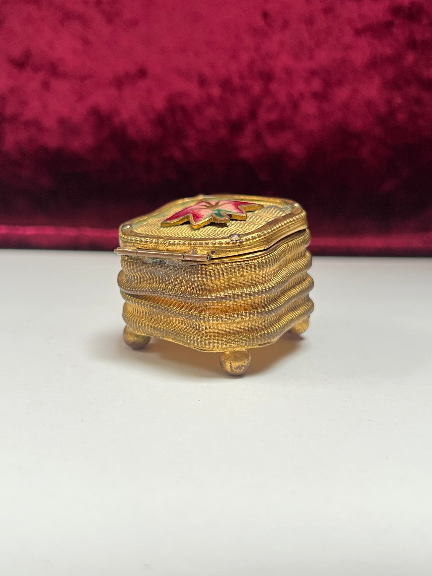 Vintage Trinket Box - Footed Ring Box - Red Leaf Lid - Brass Curved Design