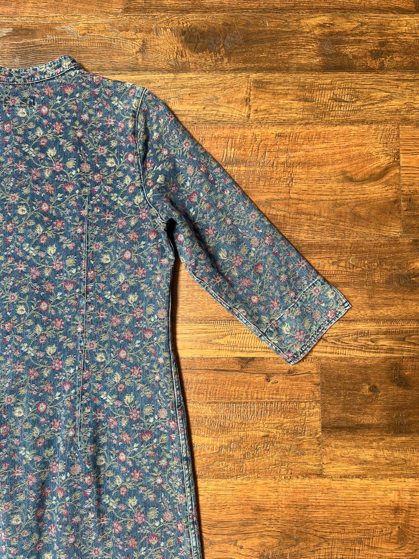 Vintage Clothing - Jacket - Blue Floral Denim Button Up Jacquard Long Shirt Dress - The Territory Ahead - Size 12