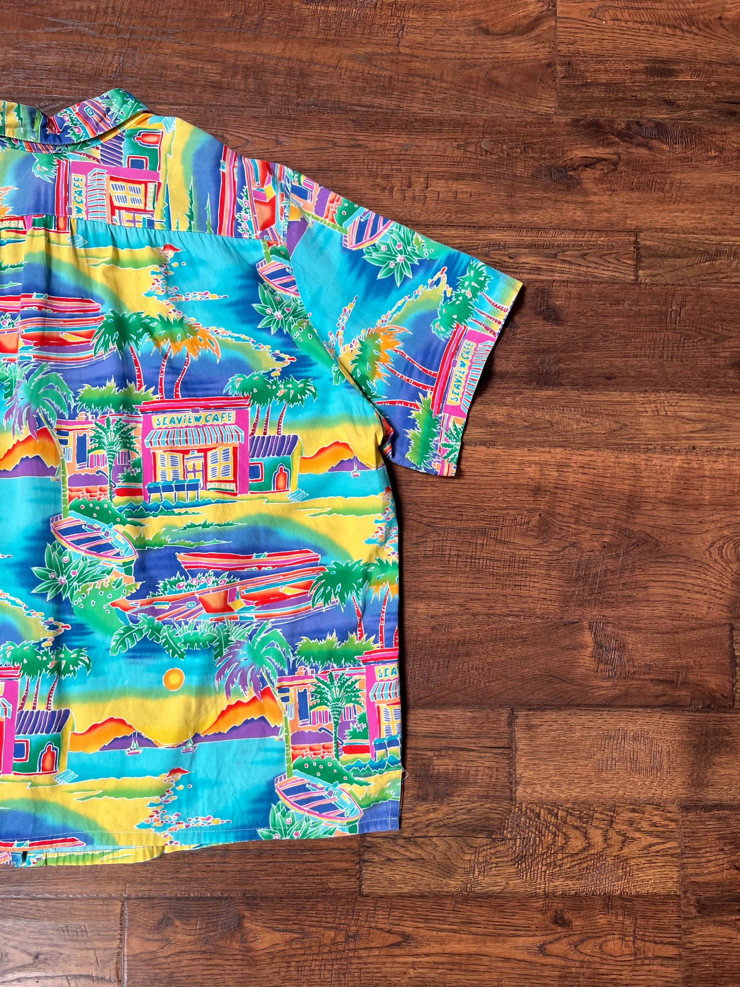 Vintage Clothing - Short Sleeve Hawaiian Shirt - Colorful Sea View Cafe Novelty Print - All Hours - 2X-Large